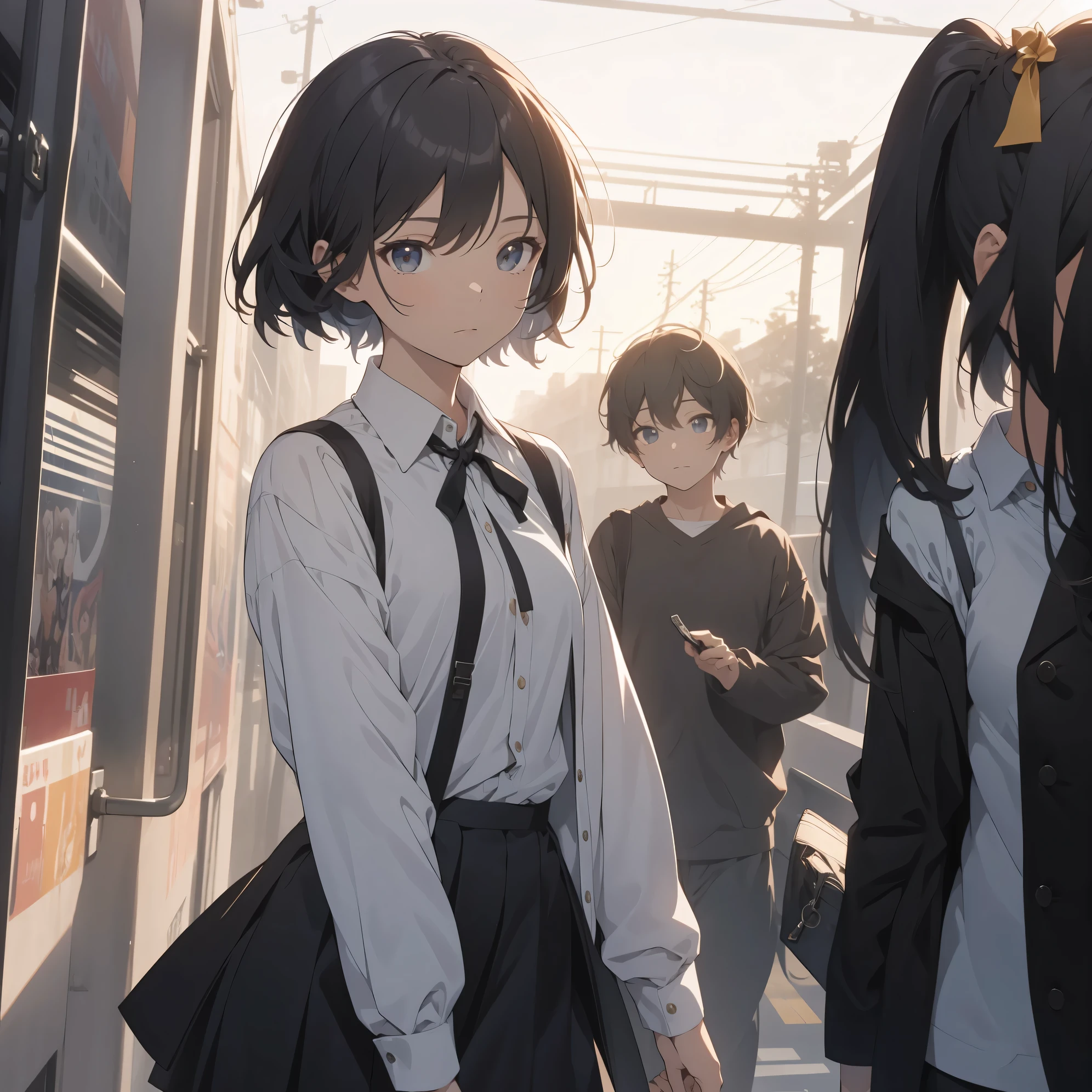 Super high quality by the art god, super detailed, High resolution, anime moe art style, best anime 8K konachan wallpaper, pixiv contest winner, perfect anatomy, break,(眠そうにalone学校へ行く女の子を描いてください. )break, 1 girl, (alone,little woman, lolita, , 13 years old:1.3),All limbs, full finger,, The charm of an immature body, (very short hair), flat chest, small ass, between legs, Small black eyes, beautiful and fine eyes, Well-proportioned iris and pupils, expressive eyes, disgusted eyes, High resolutionの詳細な髪, ribbon, skirt, collared shirt, hair ornaments, neck ribbon, pleated skirt, school uniform, shirt, white shirt, (detailed lighting), (detailed background), On the way to school. break,super dense skin, Best lighting by famous artists, 8K, figure,UHD, rough skin