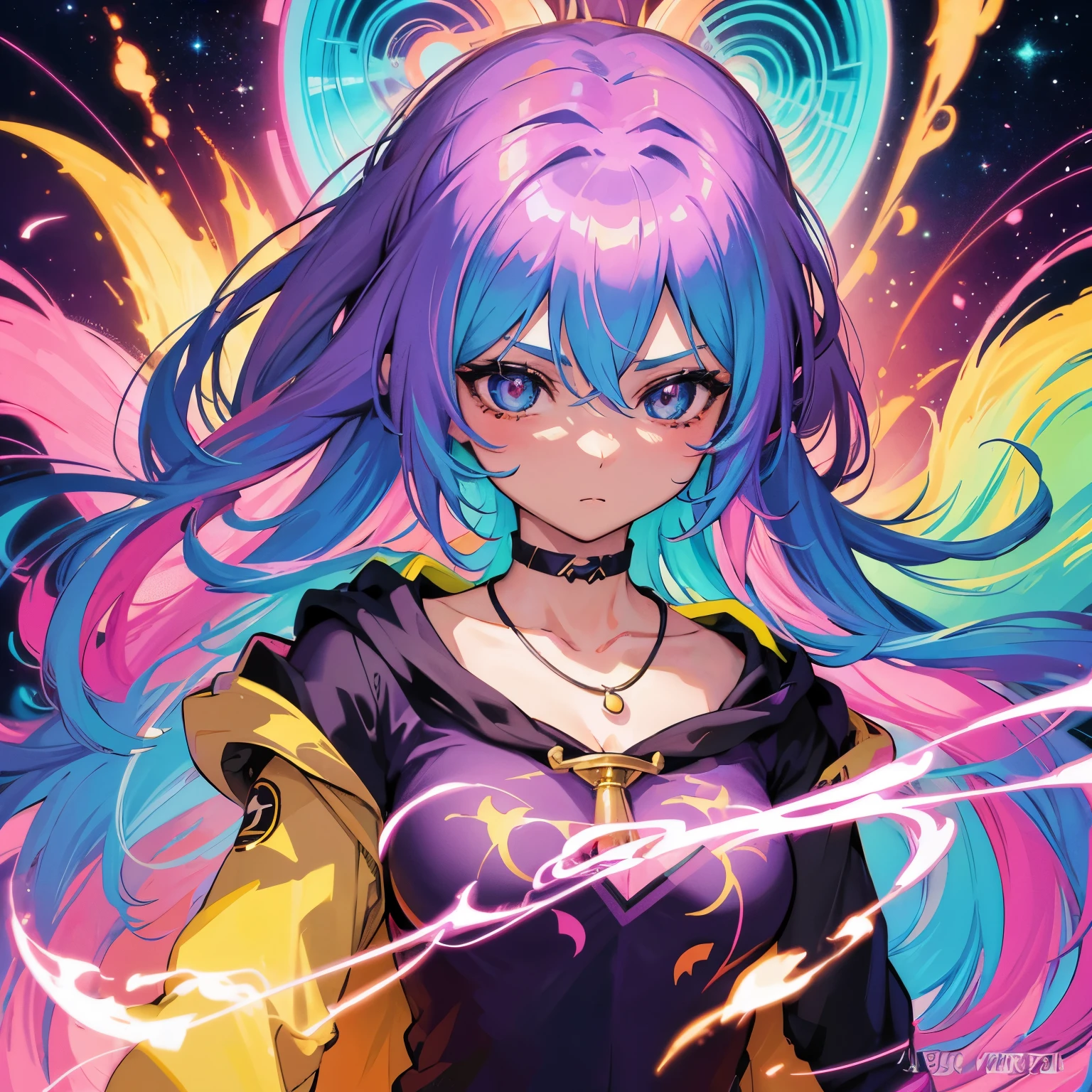 a close up of a woman with colorful hair and a necklace, anime girl with space hair, vibrant loss draw pastel, artwork in the style of Gweiz, fantasy art style, colorful]」, vivid fantasy style, rossdraws cartoon vibrant, cosmic and colorful, Gweiz, colorfull digital fantasy art, Great art style, beautiful anime style