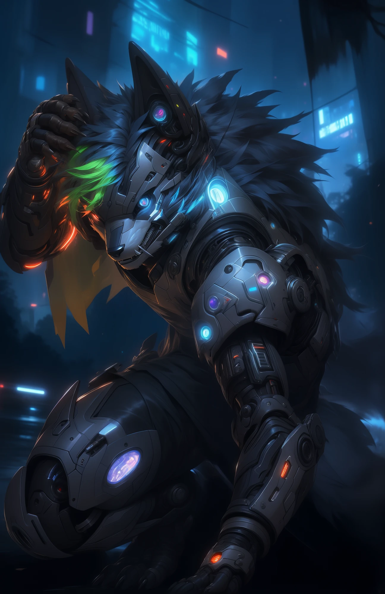 (best quality,4K,8k,high resolution,masterpiece:1.2),super detailed,actual,photoactual:1.37,Werewolf with prosthetics cyberpunk style actual scan, HD Surrealism combat Explanation: 1. (best quality,4K,8k,high resolution,masterpiece:1.2): Used to express high quality standards for generated images。 2. super detailed: Describing images needs to be very detailed,Show details clearly。 3. actual,photoactual:1.37: Description Generated images need to appear actual and photo-like。 4. Werewolf with prosthetics: Werewolves and prosthetics,This is the subject of the picture。Describe a mechanized werewolf,Features of prosthetics。 5. cyberpunk style: cyberpunk style,The artistic style used to describe the image。 6. HD Surrealism combat: Description picture HD、Surrealism、battle scene。