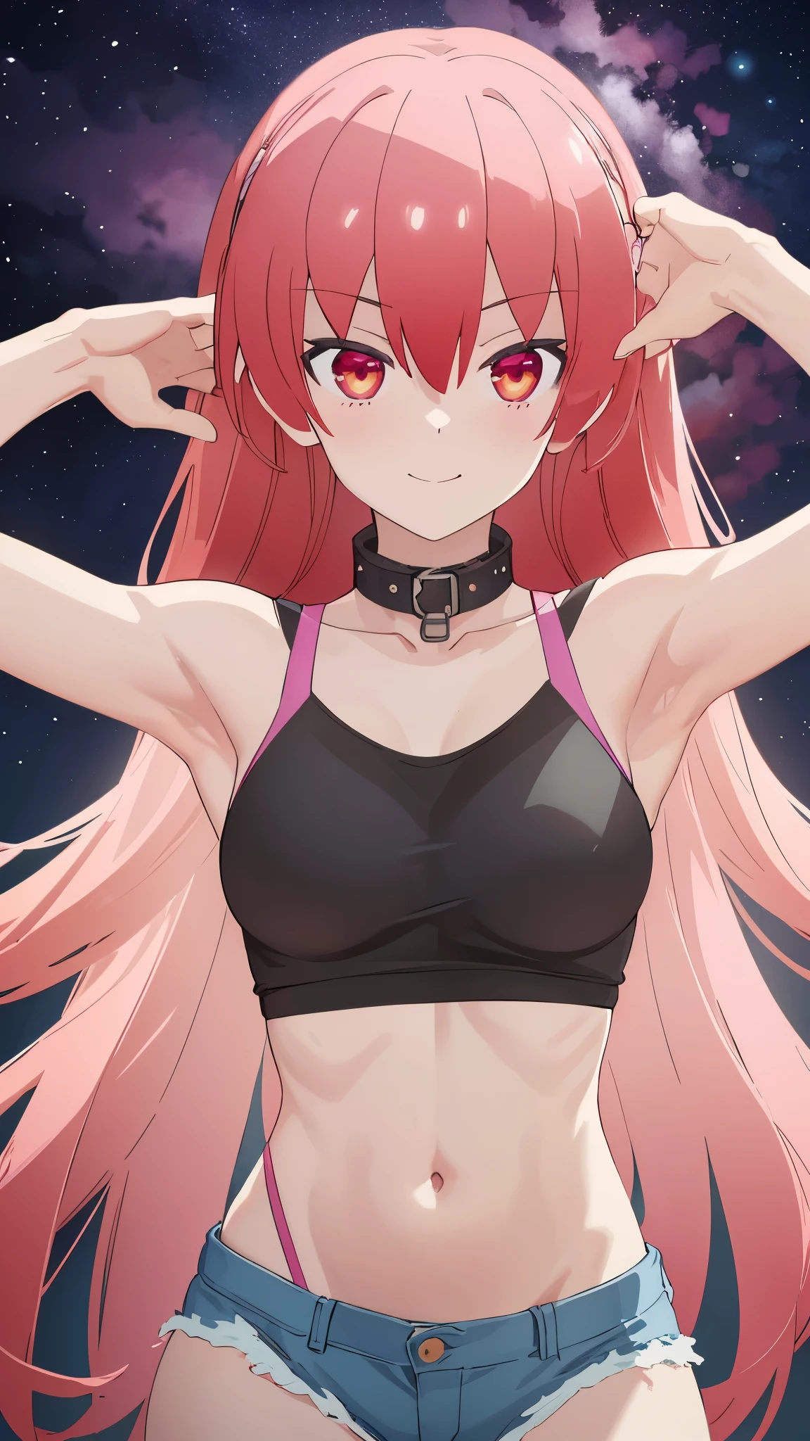 masterpiece, highres, solo, 8k, detailed, perfect face, (ultra high quality), looking viewers, collar bones, medium breast, navel, stomach, belly, armpit, sideboobs, pink hair, red eyes, slim body, smile, crop tanktop, white tanktop, denim short, mini short , blush