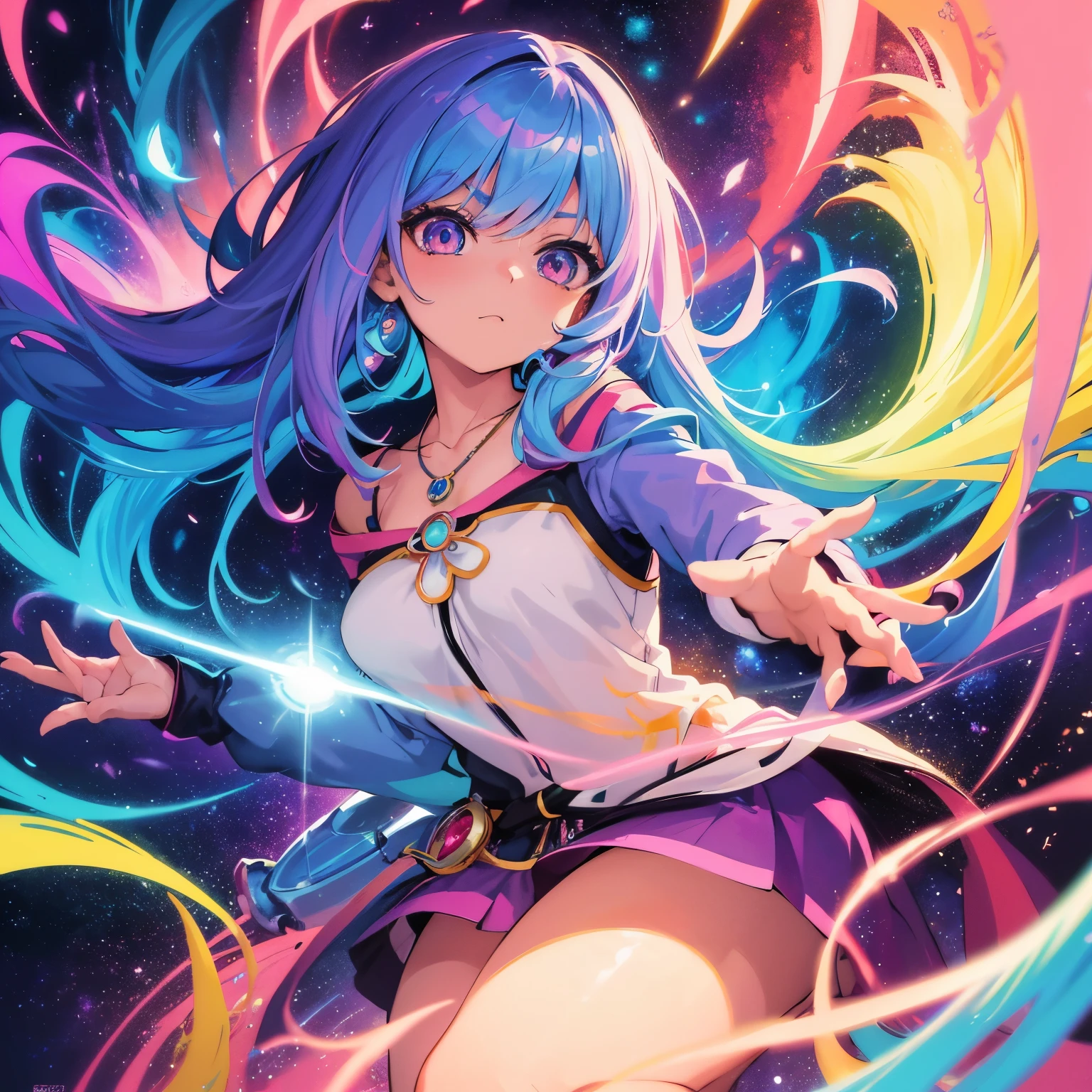 a close up of a woman with colorful hair and a necklace, anime girl with space hair, vibrant loss draw pastel, artwork in the style of Gweiz, fantasy art style, colorful]」, vivid fantasy style, rossdraws cartoon vibrant, cosmic and colorful, Gweiz, colorfull digital fantasy art, Great art style, beautiful anime style