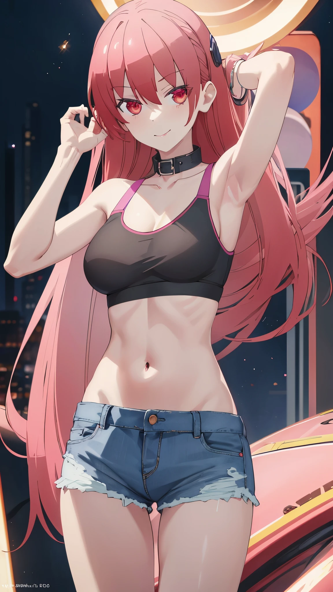 masterpiece, highres, solo, 8k, detailed, perfect face, (ultra high quality), looking viewers, collar bones, medium breast, navel, stomach, belly, armpit, sideboobs, pink hair, red eyes, slim body, smile, crop tanktop, white tanktop, denim short, mini short , blush