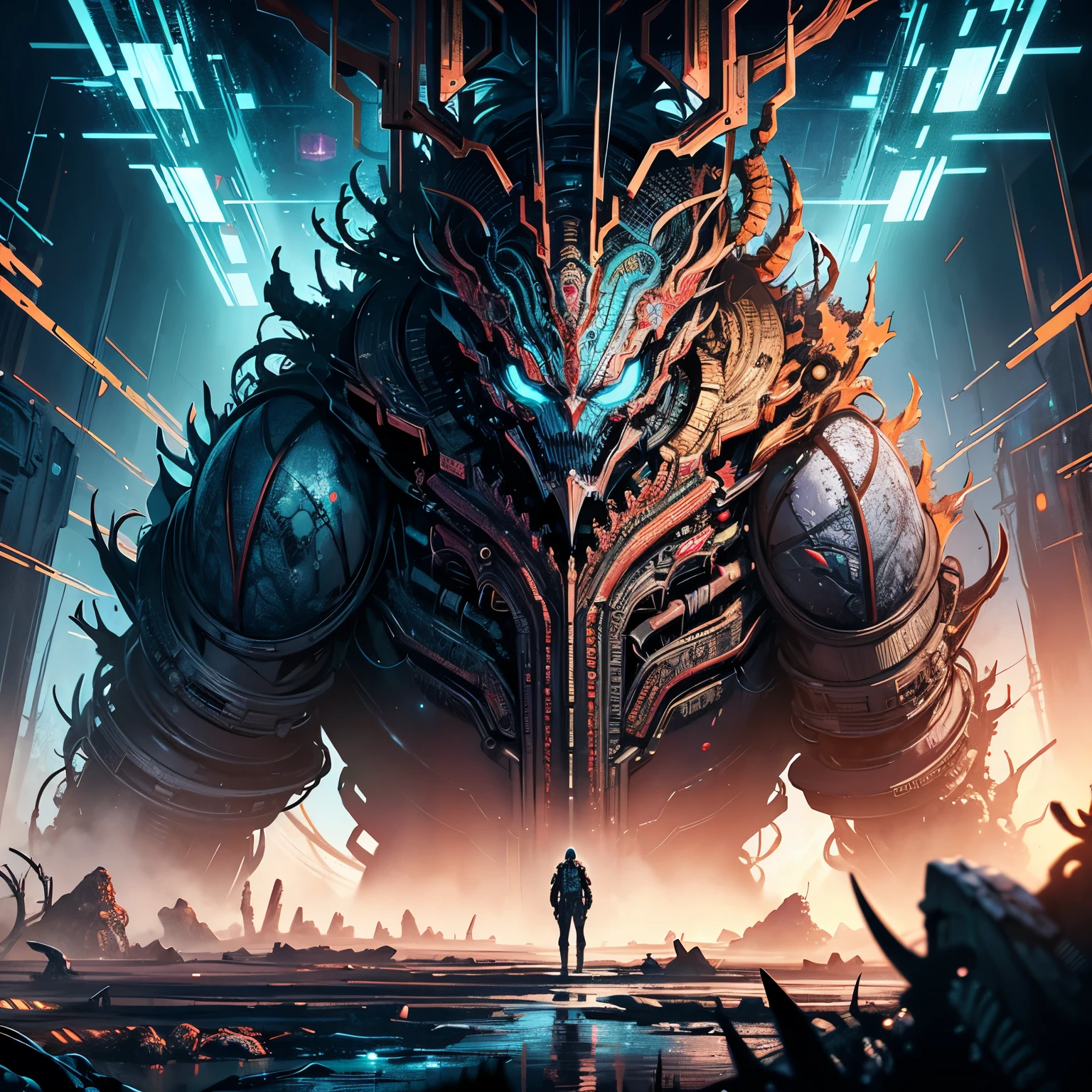 A robotic demon with golden parts waiting to possess someone coming out of the Andromeda galaxy