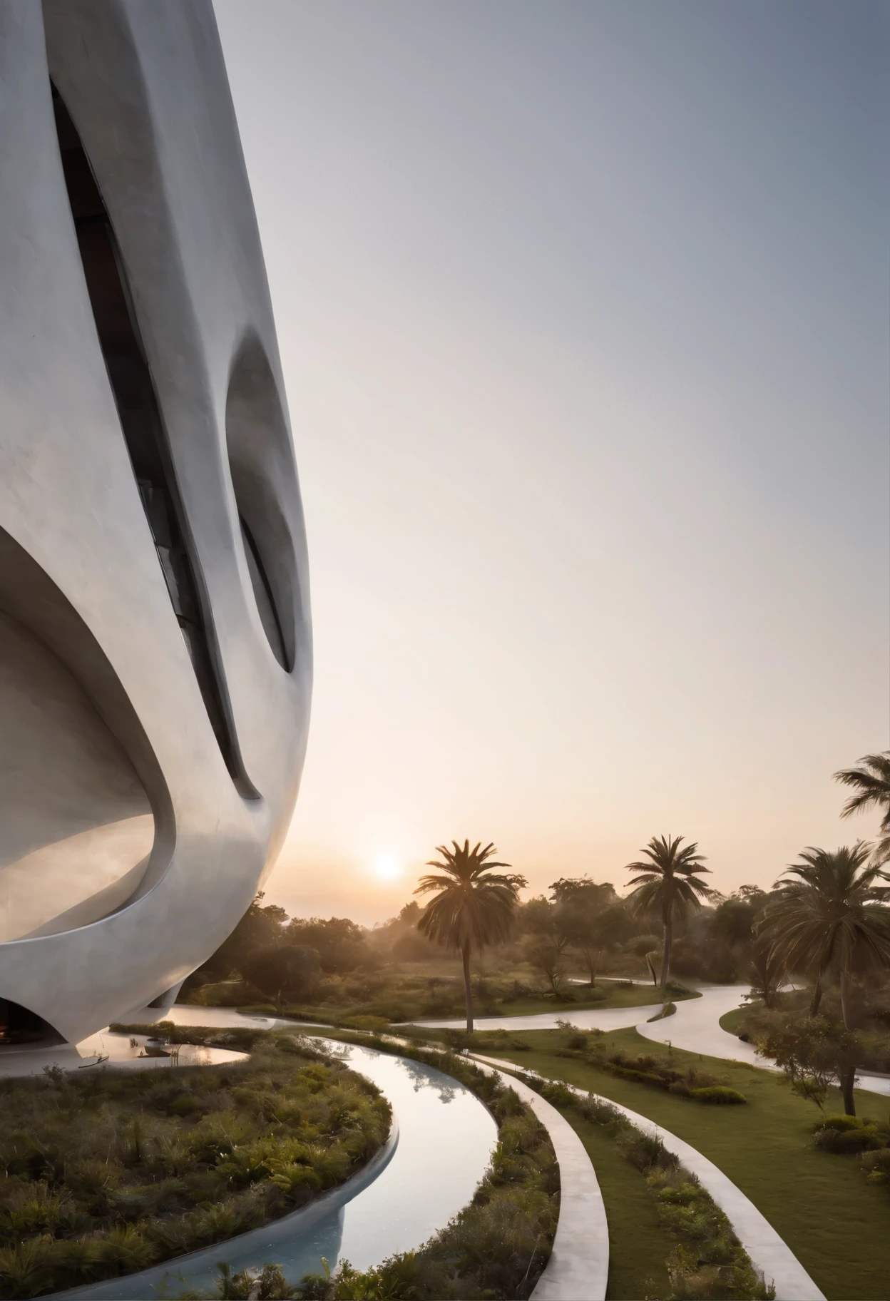 African architectural project in the middle of the city (foto realista) (Zaha Hadid) for a very detailed reinforced concrete building , incorporating African symbolic elements into the sunset, with a design that seeks a unique fusion between the modernity of the structure and the cultural richness of the continent, standing out for its photo-realistic representation. Cidade realista muito detalhada. Very detailed vegetation. Carros e pessoas muito detalhados, nuvens e por do sol (Zaha Hadid) foto muito detalhada