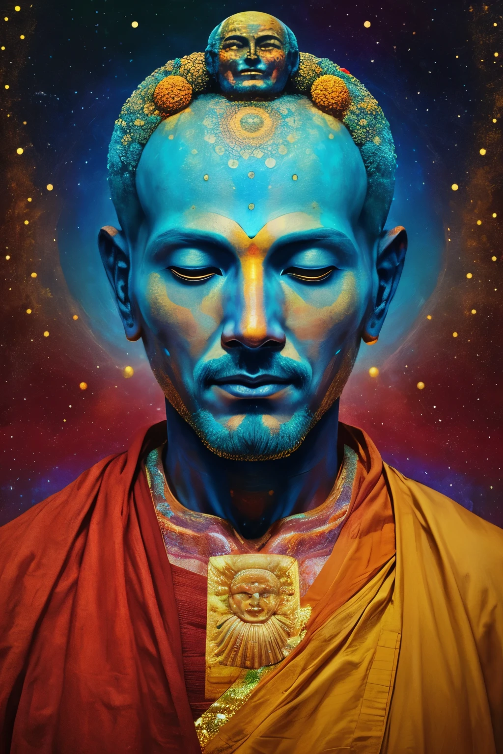 Retrato buda humanoide masculino abstracto, Cosmic Entity, Horror cosmic, Horror corporal, weird, colosal, universo