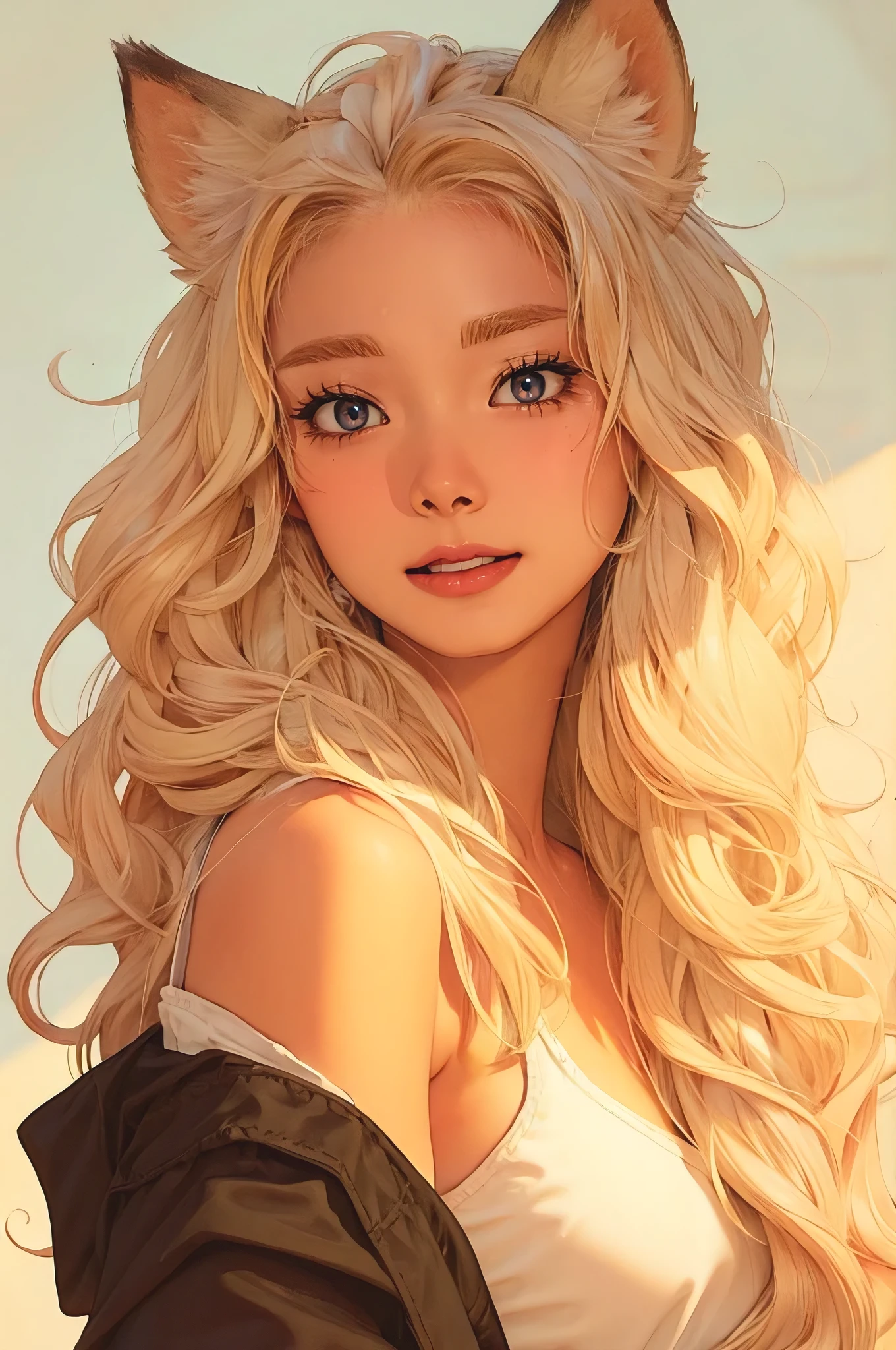 young woman, sun kissed skin, random hair, round face, wolf ears and tail, honey brown eyes, beauty marks, detailed background, bold lines, character art