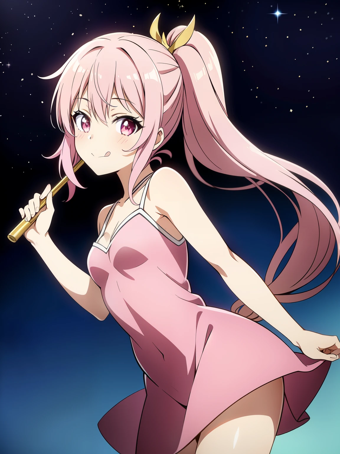 harem outfit, 1girl, side ponytail, star-shaped pupils, licking lips, cowboy shot, masterpiece, high quality, best quality