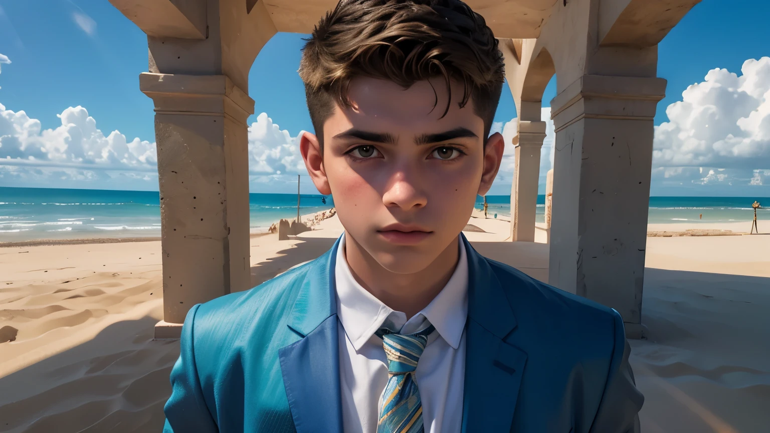 A very detailed photograph of a 15 year old white boy.., Ojos azules, peinado rubio moderno degradado lateral, rostro limpio y sin imperfecciones, Looking in front of the camera, cuerpo definido, traje de realeza azul y dorado, colores rojo y dorado, elegante, attraction, con mirada traviesa, serious expression, en un hermoso lugar de grandes dunas, beautiful lighting. Hyper realistic, hiperdetallado, 4k, playa paradisiaca,