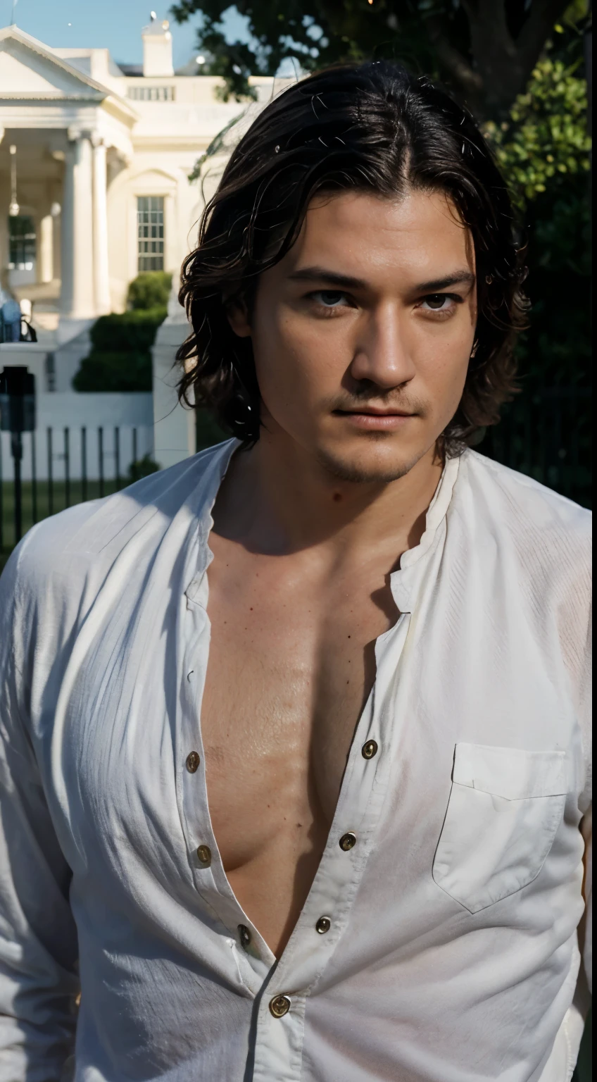 Masterpiece, Highest Quality, Ultra-Detailed, Hyper-Real, Will Turner III, Real life, In front of the white house, Perfect Face, FOTO FRONTAL, cinematic lighthing, full body,