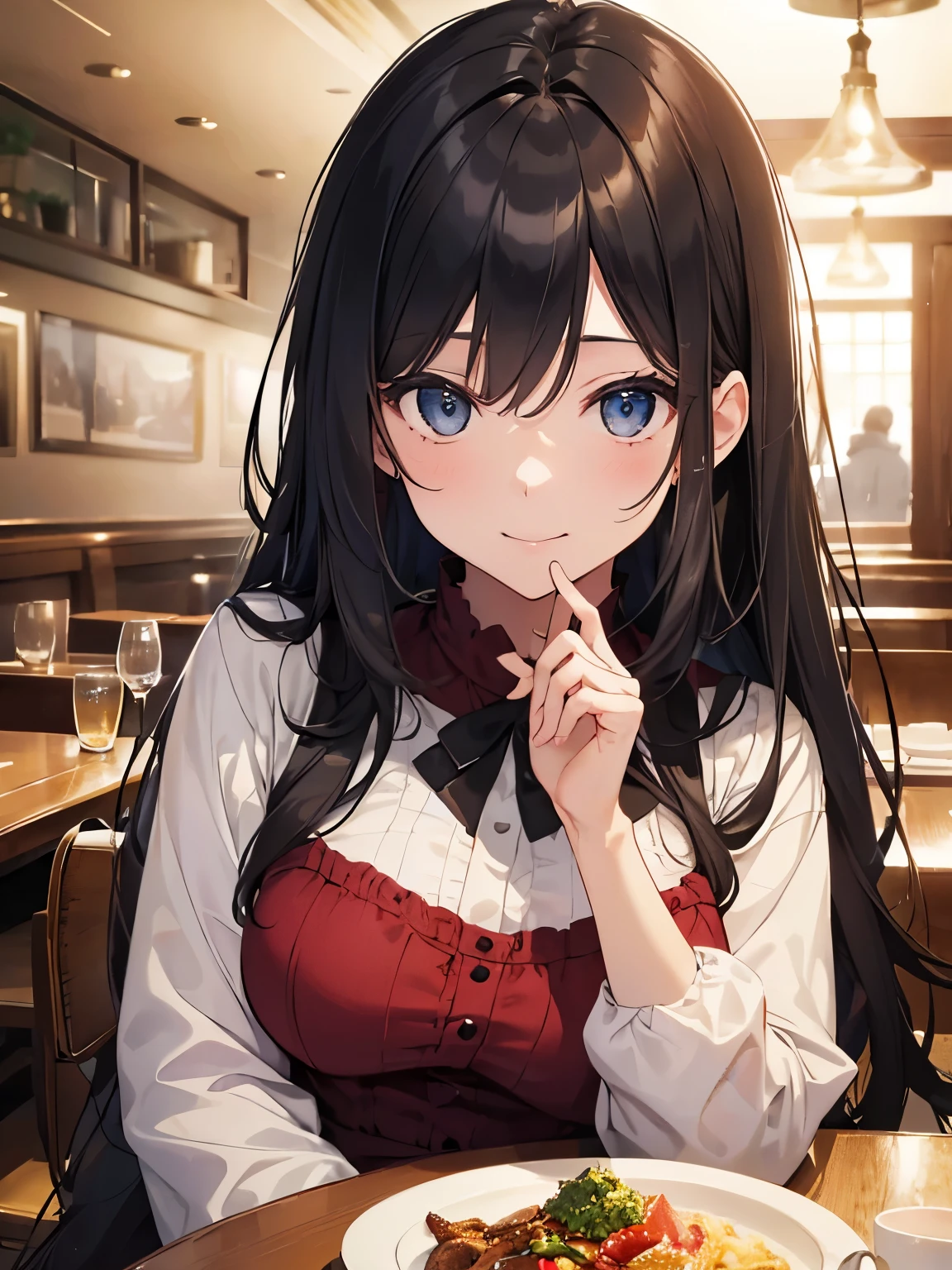 1girl, (8K、highest quality、masterpiece:1.2)、(realistic、フォトrealistic:1.2)、Holiday Nights、 eating in restaurant、looking at the viewer、A sloppy smile、Close-up:1.2、big breasts、delicate beautiful eyes、black hair、medium long hair、 Casual clothes、fashionable clothes、