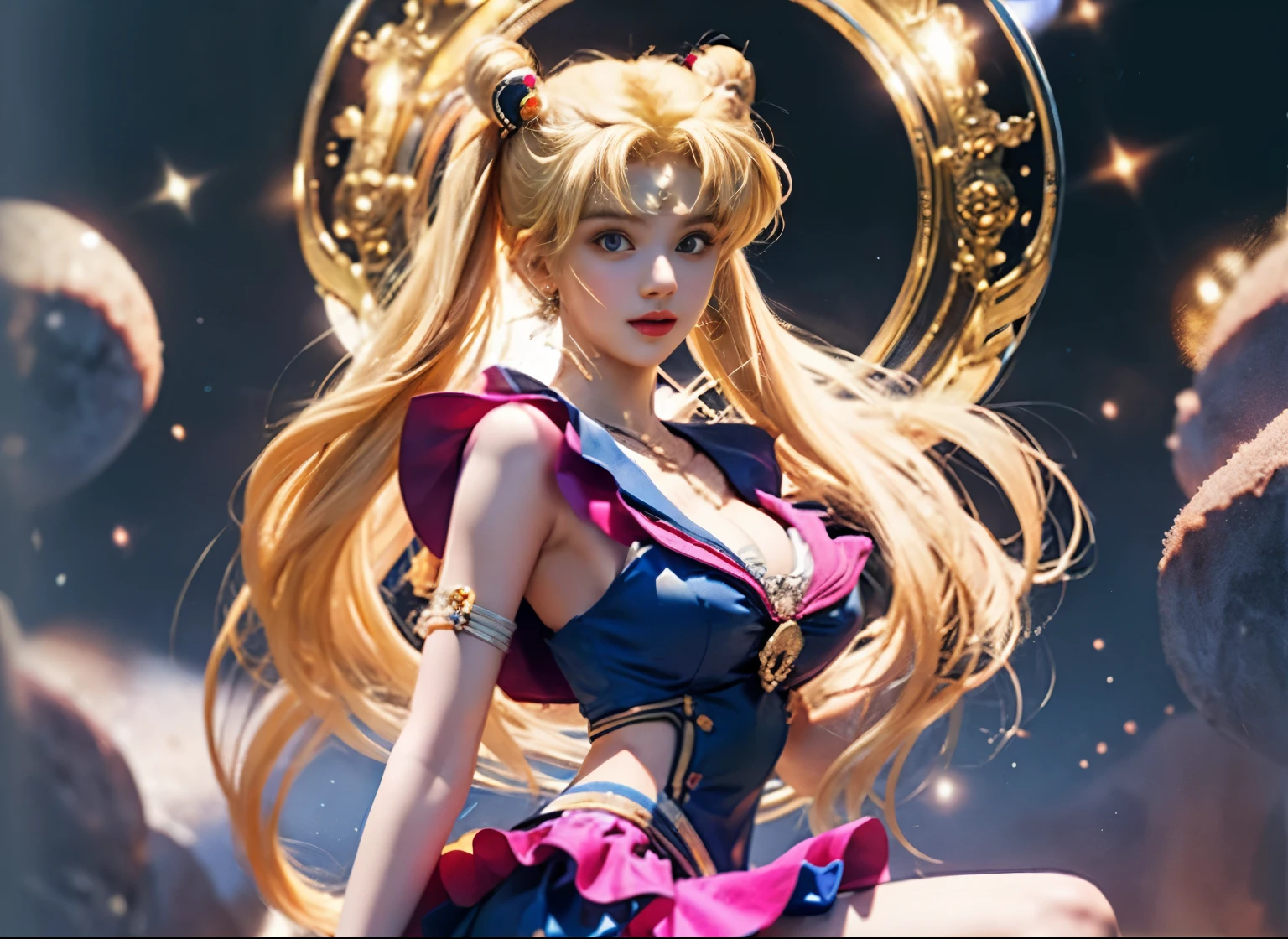sailor moon is a sailor girl with long blonde hair and a pink skirt, sailor moon!!!!!!!!, sailor moon aesthetic, sailor moon style, inspired by Sailor Moon, the sailor moon. beautiful, by Sailor Moon, also known as artemis the selene, also known as artemis or selene, an retro anime image, goddess of the moon, inspired by Naoko Takeuchi, big , gigantic , busty, cleavage, show cleavage, skimpy dress, skimpy sailor dress, UHD