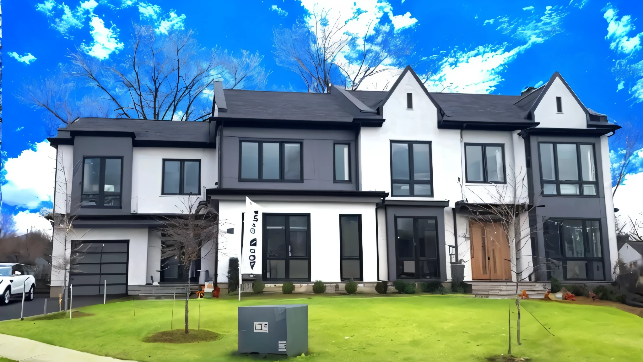 arafed house with a blue sky and white clouds in the background, exterior wide shot, wide angle exterior 2022, 4 0 9 6, neotraditional modern, 1 5 0 4, 1 4 9 3, exterior shot, 1505, wide establishing shot, photo from 2022, 1647, crisp smooth clean lines, same design, realistic image, 16k resolution