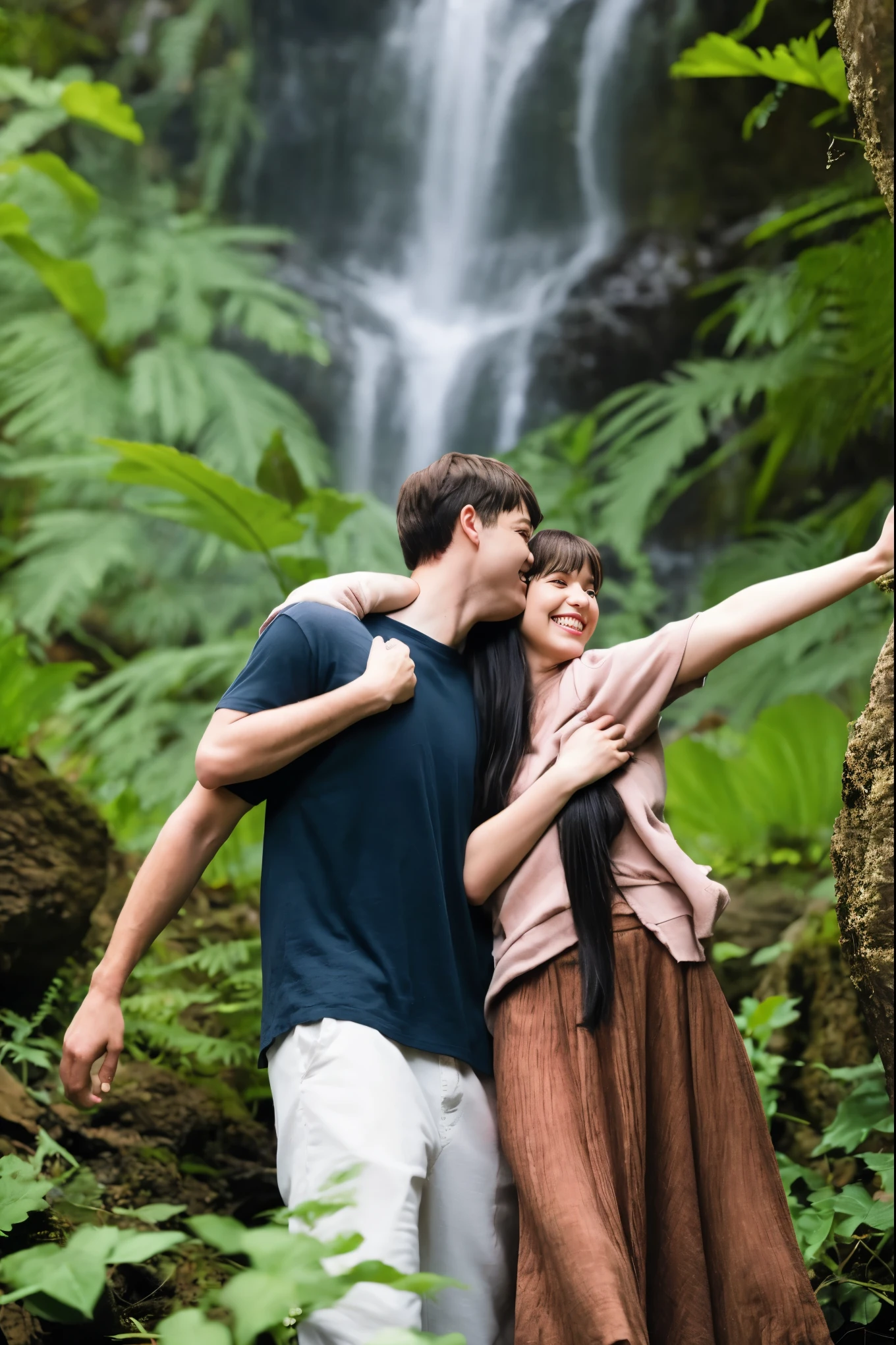 Create a picture of a couple Wearing clothes of a couple playing in the waterfall Hugging and showing love happily. Realistic images