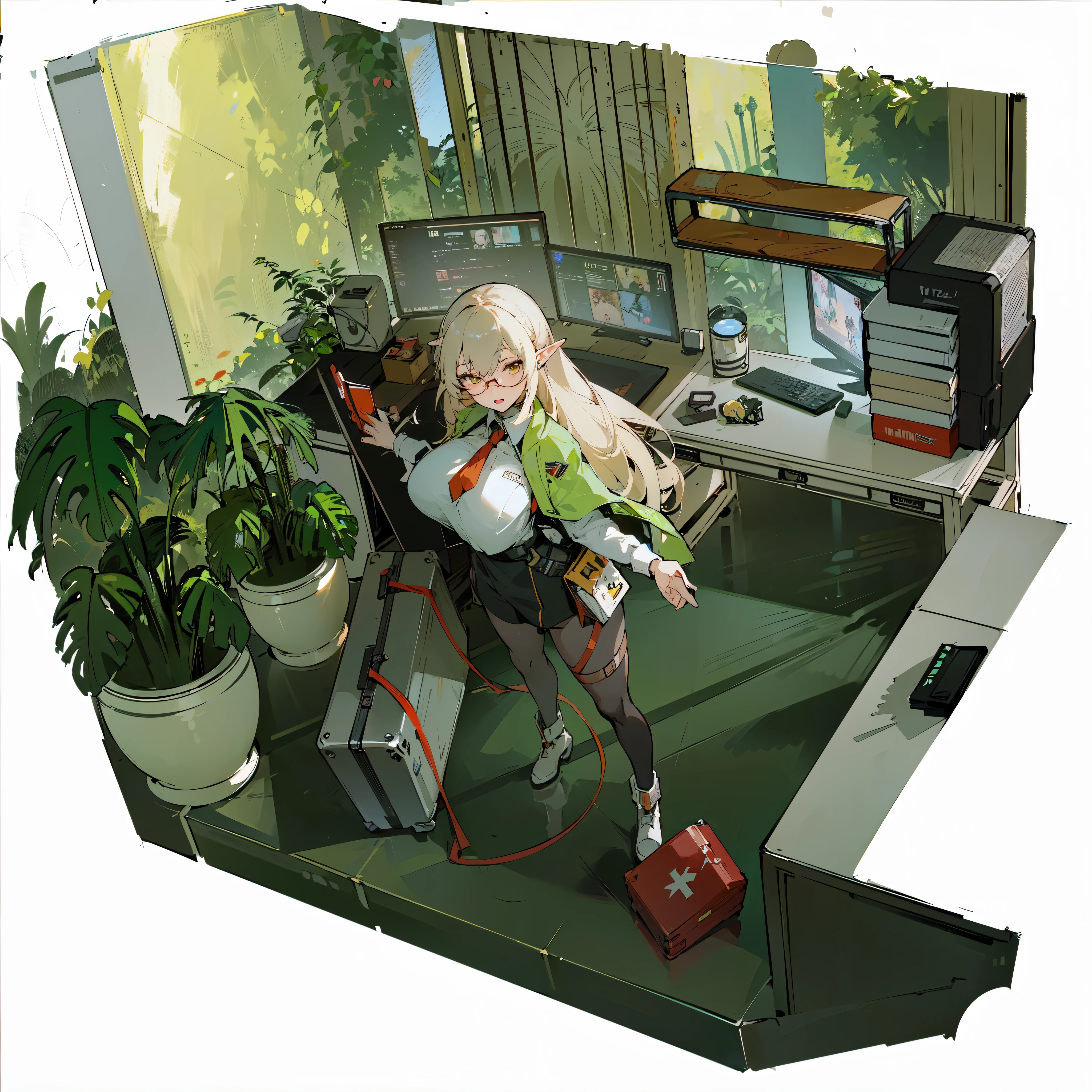 (((anime - style illustration of an elf woman wearing round glasses in an office with computers and plants))), ((big suitcase on the floor)), ((microscope on the table besides the computer monitor)), warm elf forest in the background, (beautifully lit by sun rays), (((reflective marble floor))), tea-cup coffee on the table, suitcase, nonomi from blue archive, red first aid box, from girls frontline, girls frontline cg, girls frontline style, girls frontline universe, fine details. girls frontline, cyberpunk ikea, m4 sopmod ii girls frontline, cushart kenz, girls frontline, from arknights, cyberpunk anime girl mech, trending on artstation pixiv, digital cyberpunk anime art
