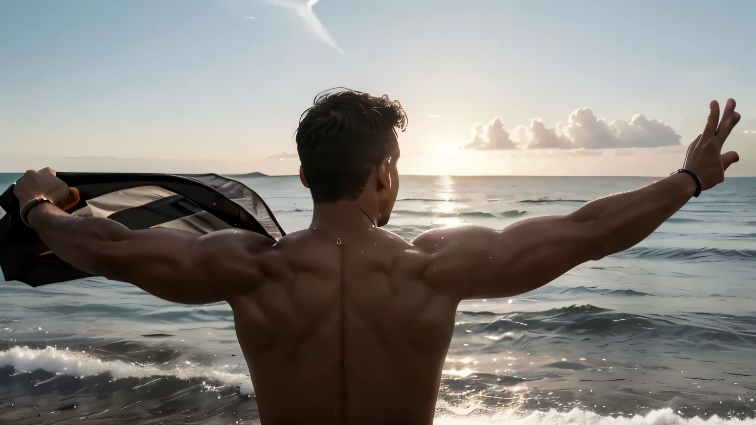 um homem de costas simbolizando disciplina e sucesso. no fundo, um horizonte com uma bela luz solar e uma bela paisagem. realista