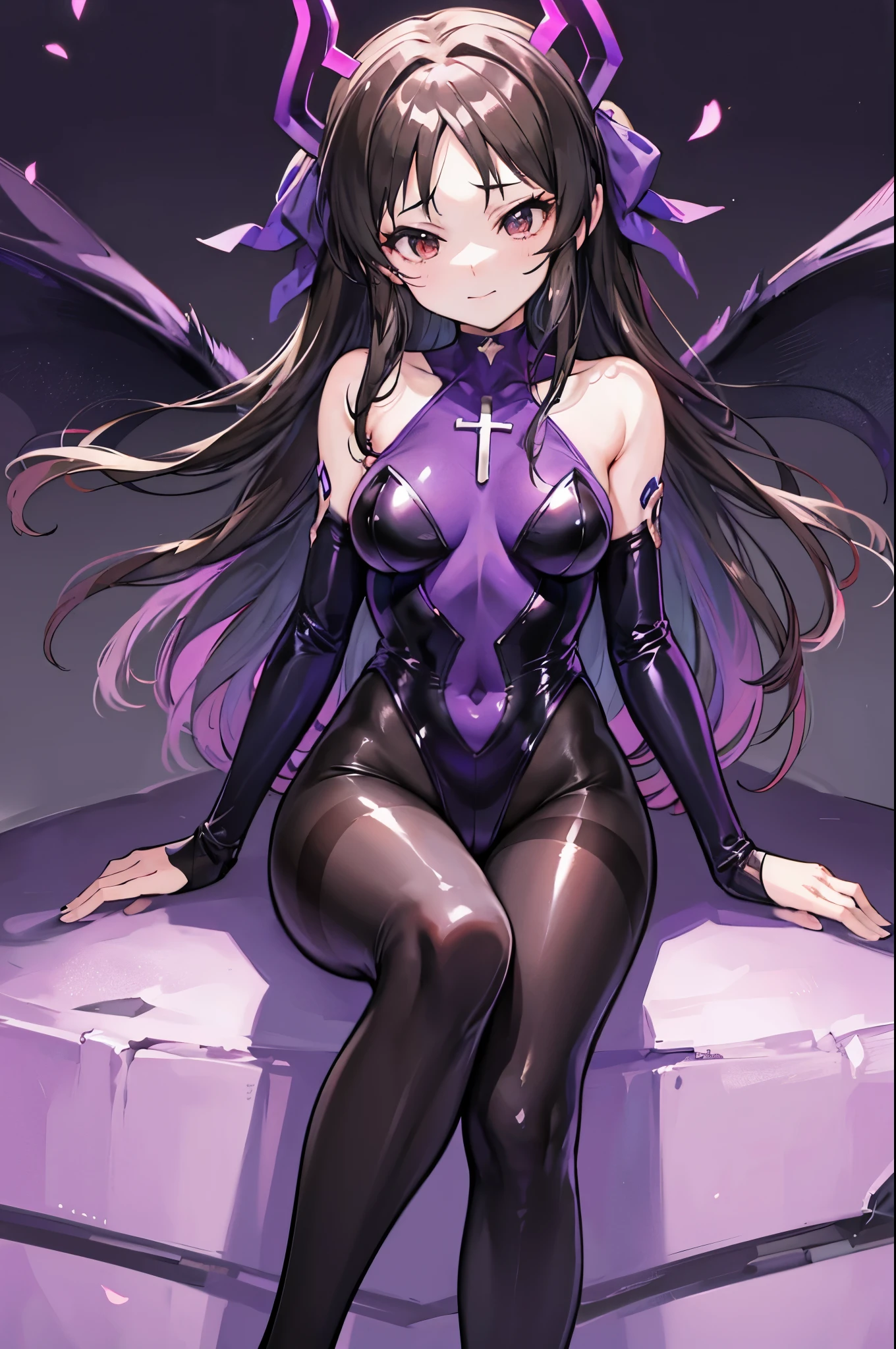 Carefully draw the face　High-quality faces in anime style　super shiny skin　Obscene lines　black leotard　Purple pantyhose　succubus　lure　smile　sit cross-legged