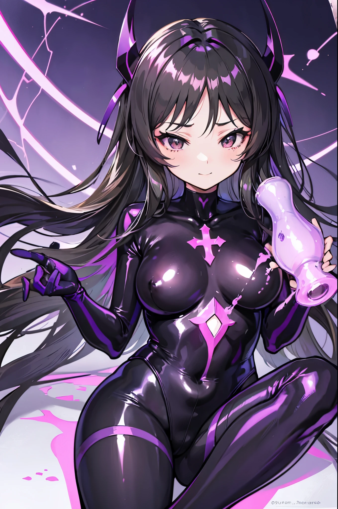 Carefully draw the face　High-quality faces in anime style　super shiny skin　Obscene lines　black leotard　Purple pantyhose　succubus　lure　smile　sit cross-legged