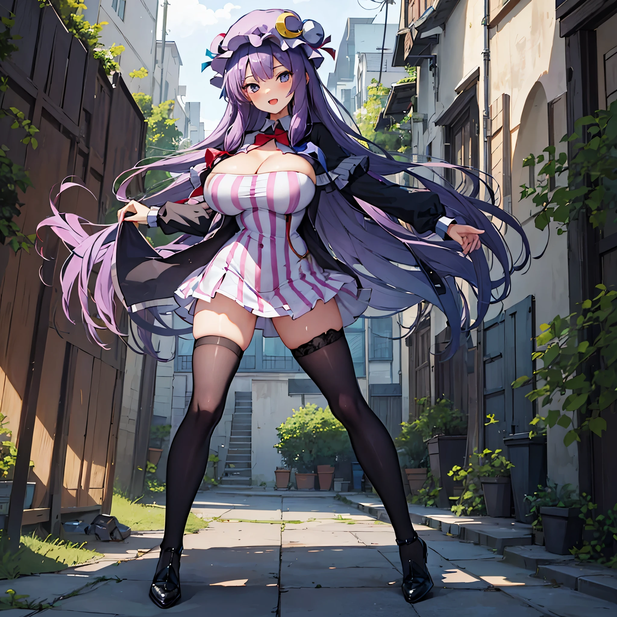 (Patchouli toho character), ((solo)), (standing at lakeside forest), outside, (standing with open legs wide:1.5), (arms behind back), bending back, tiptoe, pigeon toed, BREAK, (disproportionately gigantic huge breasts:1.2), inconceivably thin waist, very short torso, (thin long legs apart), BREAK, very short miniskirt, thigh gap, (black thighhighs:1.2), highheels, BREAK, smile for viewer, open mouth, nose blush, full body, pussy juice