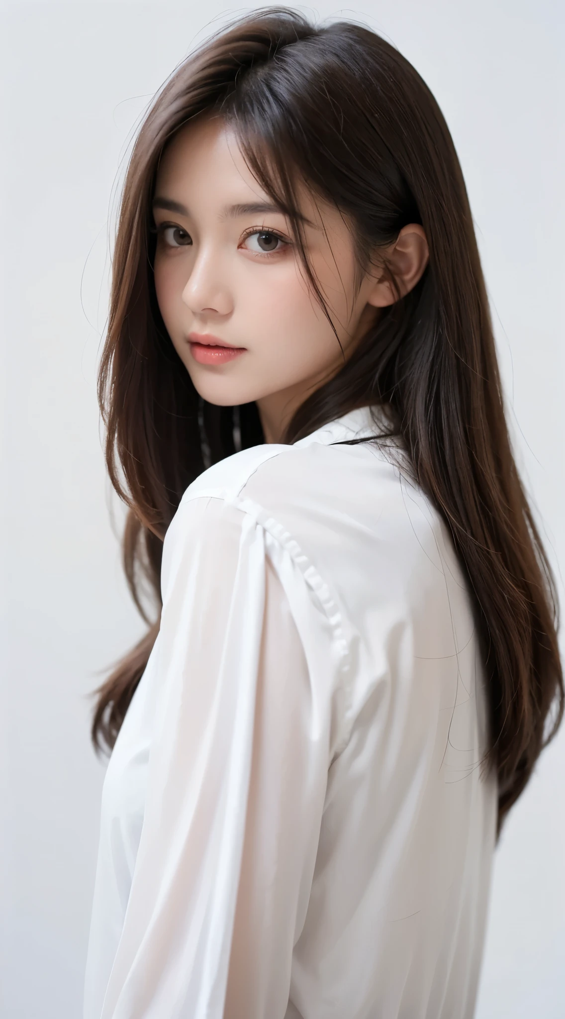 Top quality, professional photo, 1 beautiful woman, 40 years old, white long sleeve shirt, 35mm lens, f/1, cowboy shot, (white background: 1.3), medium cut, no bangs, brown hair, natural light