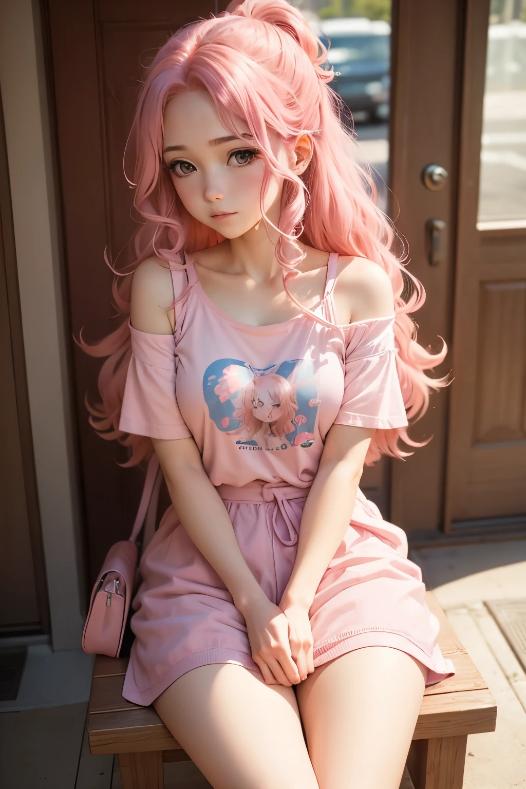 Introducing Sakura, a captivating pink-haired anime girl around 18 years old. Her hair cascades down to her shoulders in soft, vibrant pink curls. She dons a charming pink T-shirt that complements her delicate blush. Sitting before a mirror, she adjusts her satchel, preparing for another adventure.