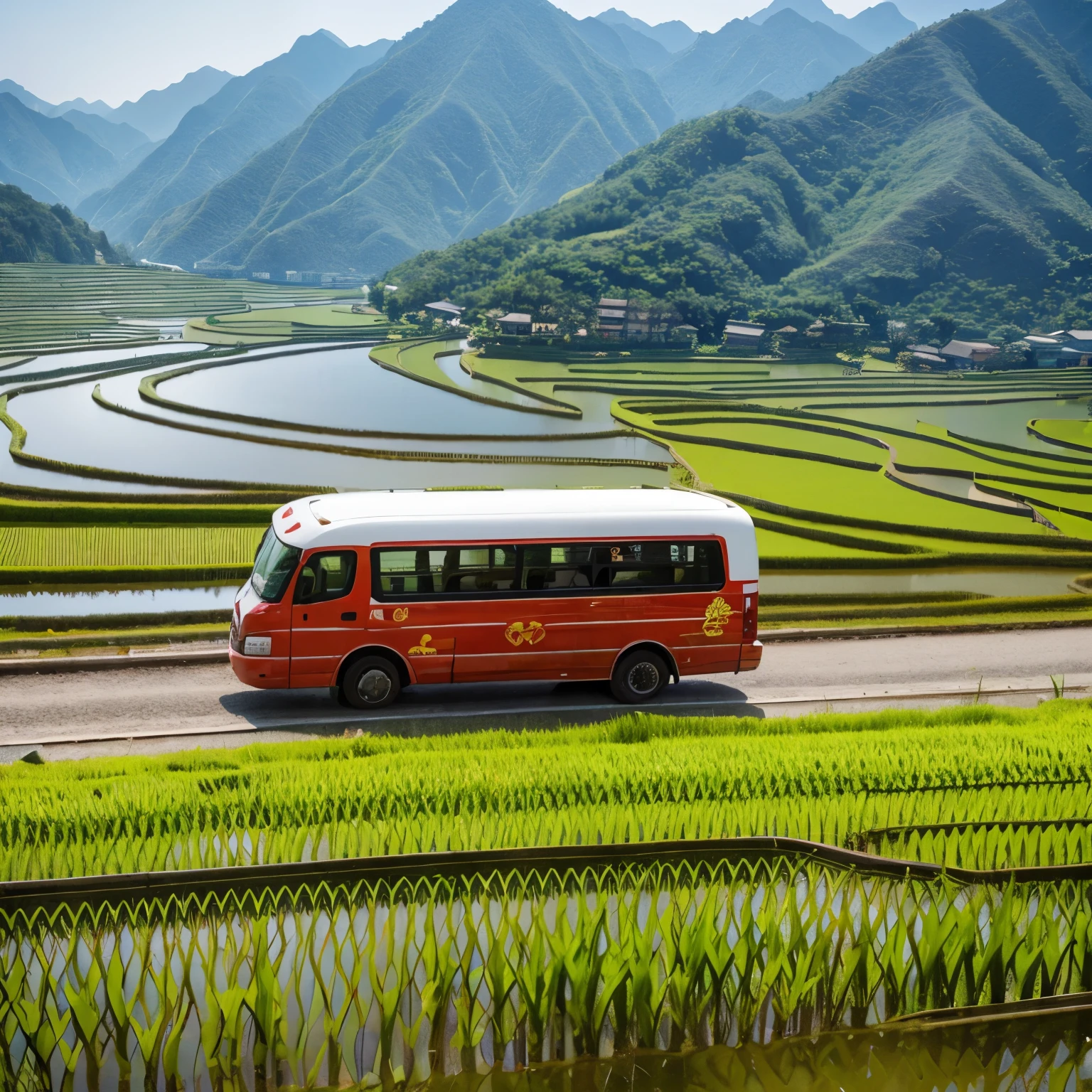 Behind a Chinese bus driving away in Jin's rice fields