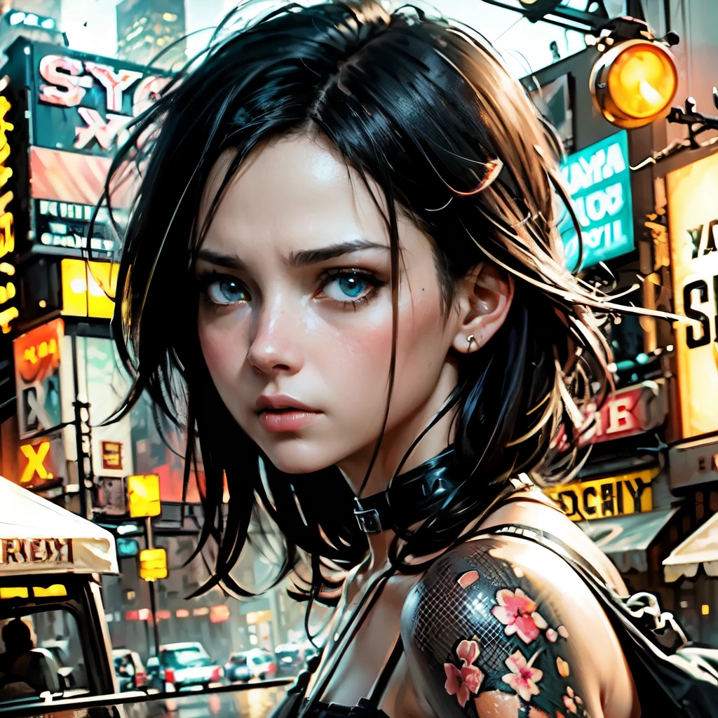 Jeremy Mann, realistic, female, (color), post-production, intricate, (radiosity), dark red eyes, (highest quality), (((neon city background))) , gloomy, depressed, dim, A close-up of a somewhat vicissitudes of a female with a deep expression, deep eyes, serious, fireflies, oil painting style, digital art oil painting, Steve Henderson style, digital expressive oil painting, inspired by Richard Schmid, stunning digital paint, oil painting style, digital oil painting, Henry Asensio, WLOP painting style, Pinault Dyney style, Pinault Dyney style