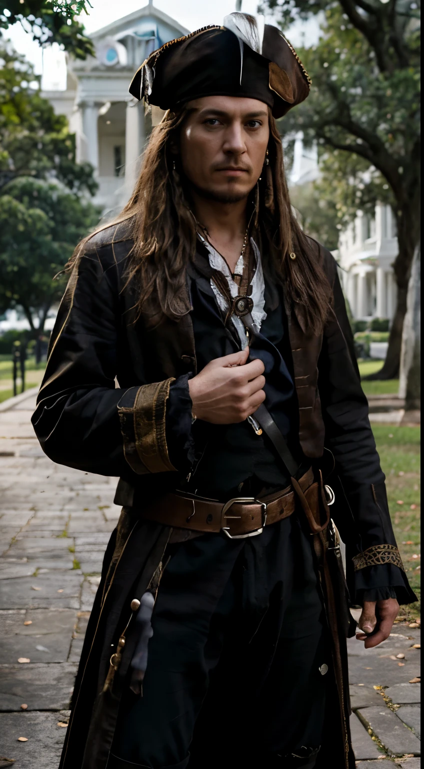 Masterpiece, Highest Quality, Ultra-Detailed, Hyper-Real, Hector Barbossa-Pirates of The Caribbean, Real life, In front of the white house, Perfect Face, FOTO FRONTAL, cinematic lighthing, full body,