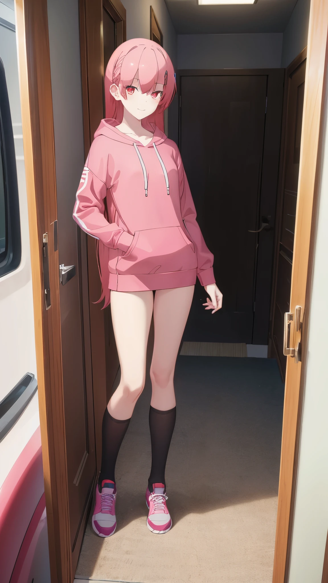 masterpiece, highres, solo, 8k, detailed, perfect face, (ultra high quality), looking viewers, collar bones, medium breast, pink hair, red eyes, slim body, smile, hoodie, black hoodie, no short, shortless, blush, thigh