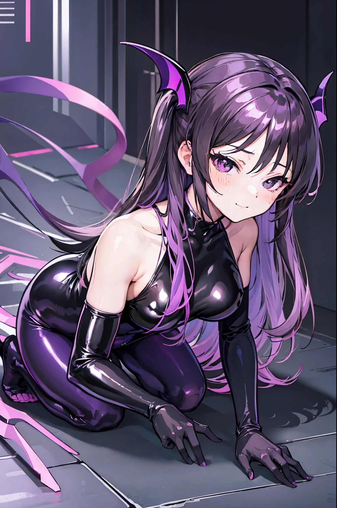 Carefully draw the face High-quality faces in anime style super shiny skin Obscene lines black leotard Purple pantyhose succubus lure smile crawl on all fours