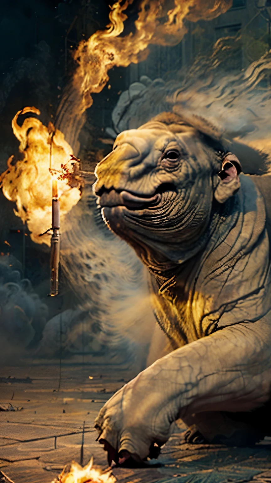 Elephant screaming with fire background