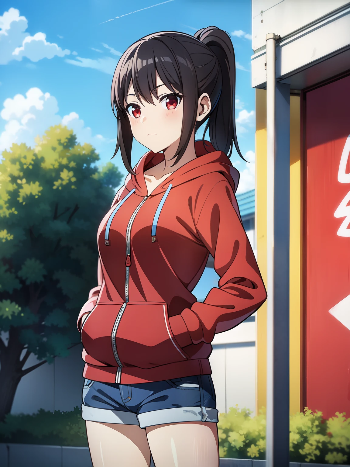 masterpiece, best quality,  makurada junko, red hoodie, jean shorts, hands in pockets, from side, graffiti, city, blue sky, overpass, large breasts