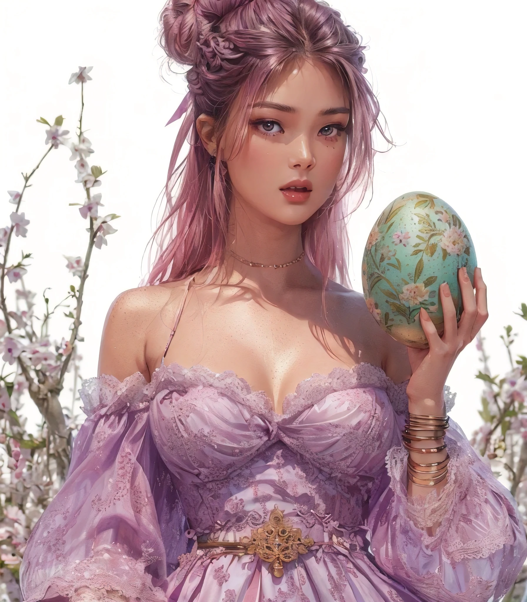 full body, beautiful detailed woman in spring style holding an easter egg in her hands, entire violet dress spring style, long pink hair bun, white background with margins, ultra highly very detailed realistic face and full body, digital painting, clipart, unreal engine