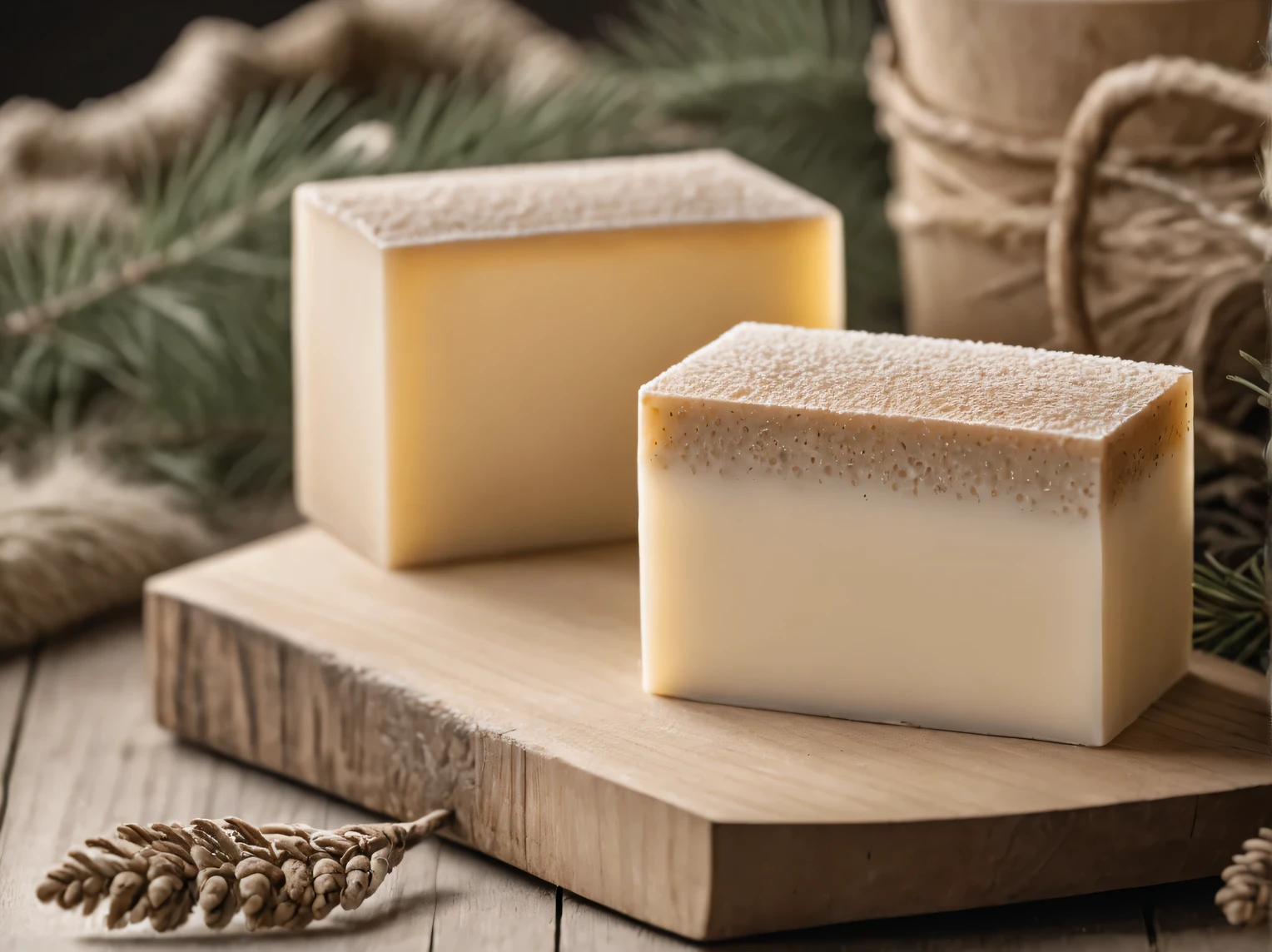 Product photo of craft air soufflé soap, the porous structure of the soap is visible, color beige and light brown, stylishly decorated, wooden palette, themed props made of wood and forest, Canon EOS 5D Mark IV Canon EF 100mm f/2.8L Macro IS USM, a high resolution, depth of field, ISO 120, diffuse light