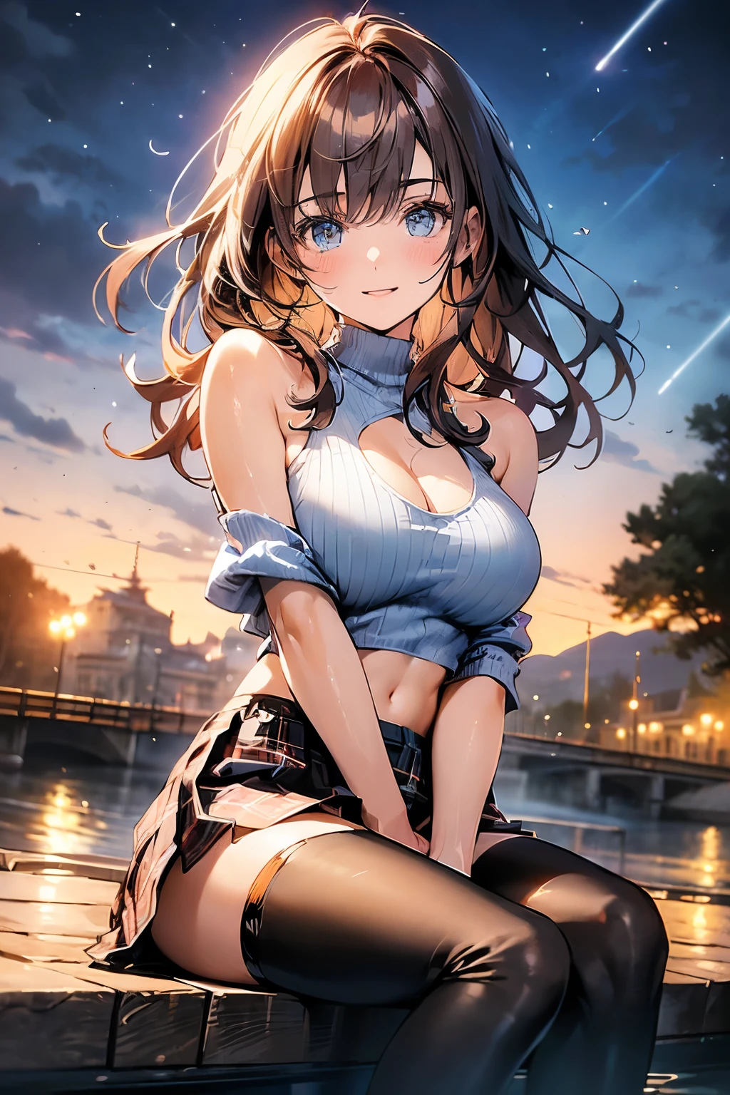 (official art、best quality、Unity 8K Wallpaper、32k、masterpiece、Super detailed、ultra high resolution、actual、Realism:1.2)、(light:1.2)、fire glow effect、film particles、best light and shadow、edge lighting、side lights、(Super detailed且复杂的 3D 渲染)、Exquisite and beautiful face,blue eyes,reddish brown hair,medium breasts, Perfect body,Smile,(Super delicate skin、Detailed skin texture:1.3, blush:1.2)、see whole body,looking into camera, Anime CG style, ((low cut collarless sweater,Plaid skirt,exposing her chest,bare shoulders,Black tights)), sitting in water,Deep mountain hot spring, (wind blows hair,bare shoulders,exposing her chest,Black tights) , night time,full moon snowing
