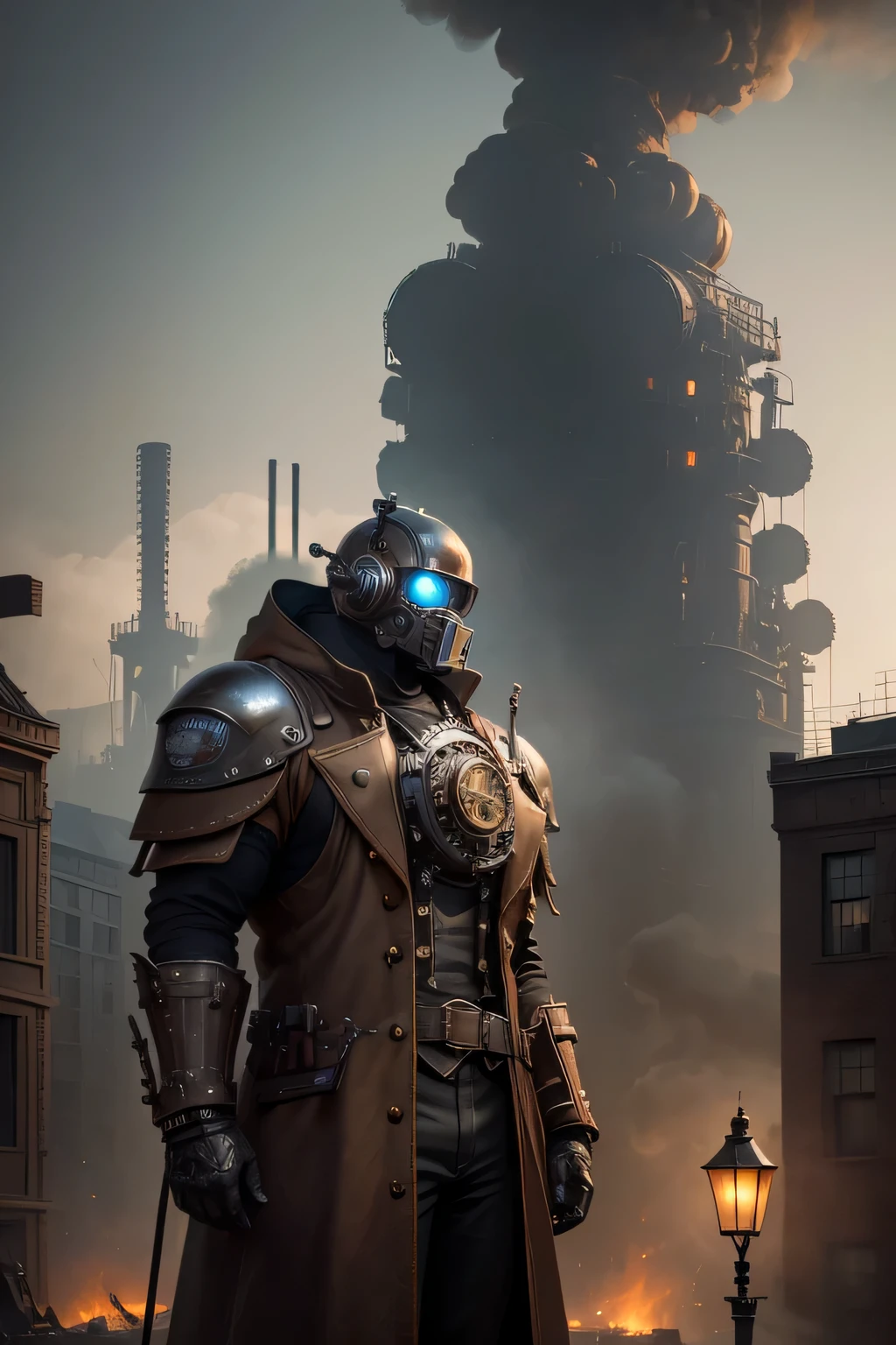 (best quality,4k,8k,highres,masterpiece:1.2),ultra-detailed,(realistic,photorealistic,photo-realistic:1.37),steampunk mech, weathered,metallic texture,mechanical gears,massive steam-powered machine,industrial,retro-futuristic,steam valves and piping,antique brass,copper accents,rusty surfaces,heavy rivets,mechanical exoskeleton,leather straps and belts,flickering gas lamps,smoke and steam billowing,hazy atmosphere,mist-filled alleys,covered in soot,industrial city skyline,towering smokestacks,epic scale,mechanical limbs and joints,gauges and dials,sparkling blueprints,futuristic technology,ornate details,clockwork precision,majestic presence,imposing stature,construction in progress,endless possibilities.