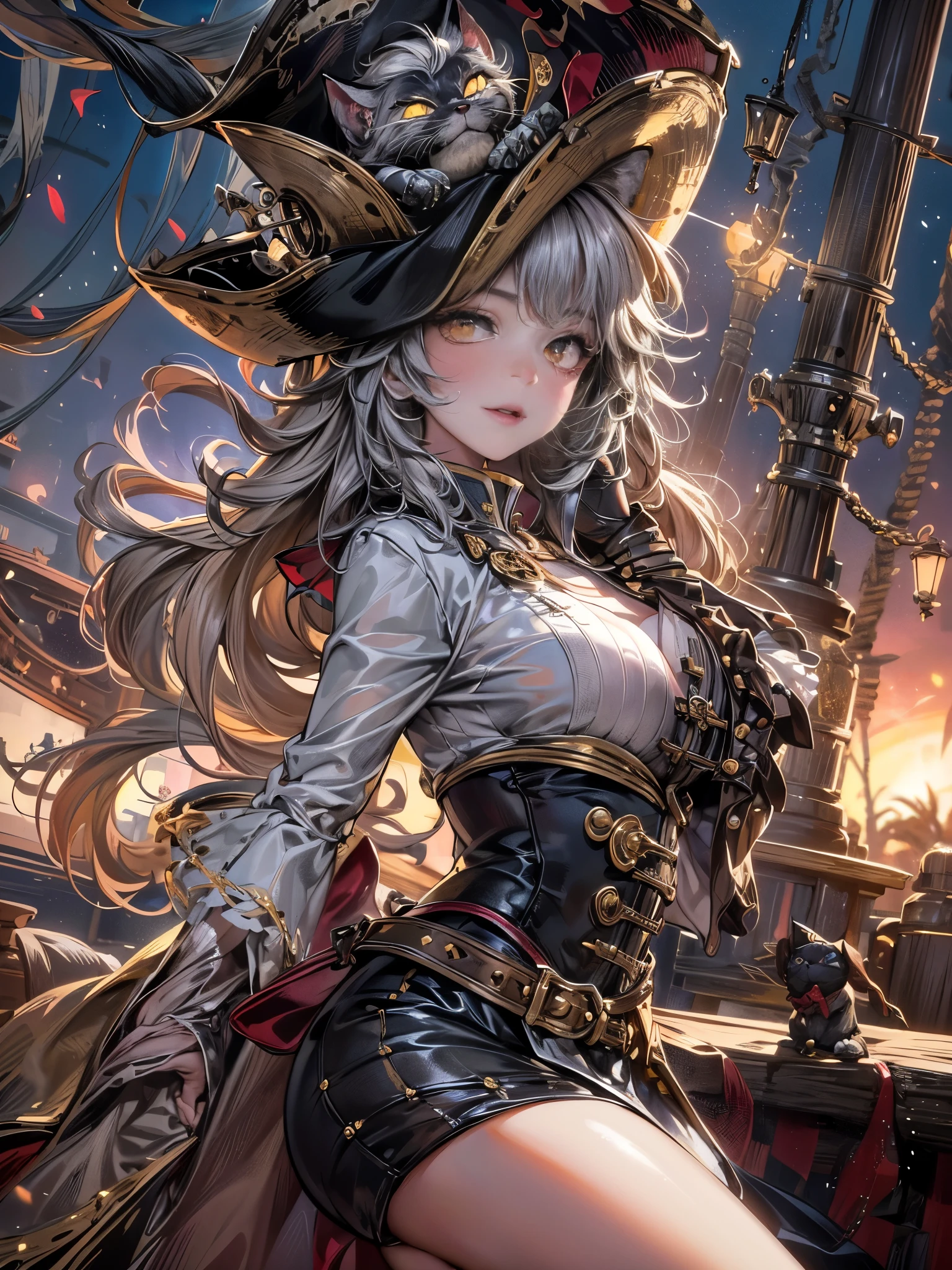 cinematic lighting,super dense skin、Beautiful quality with attention to detail,perfect anatomy,(replace、dim color, pleasant tone:1.3),(Detailed beautiful facial features:1.3)（napoleon hat、fox girl in a pirate coat:1.2）、（Cyberpunk style pirate image:1.3） sly way of laughing（Girl Playing Guitar、highly detailed hands:1.2）On the pirate ship、Beautiful sky（Highly detailed feet:1.3）、dynamism（Sparkling✨、the night deepens、shining moon、beautiful night:1.5）monster cat girl、whole body