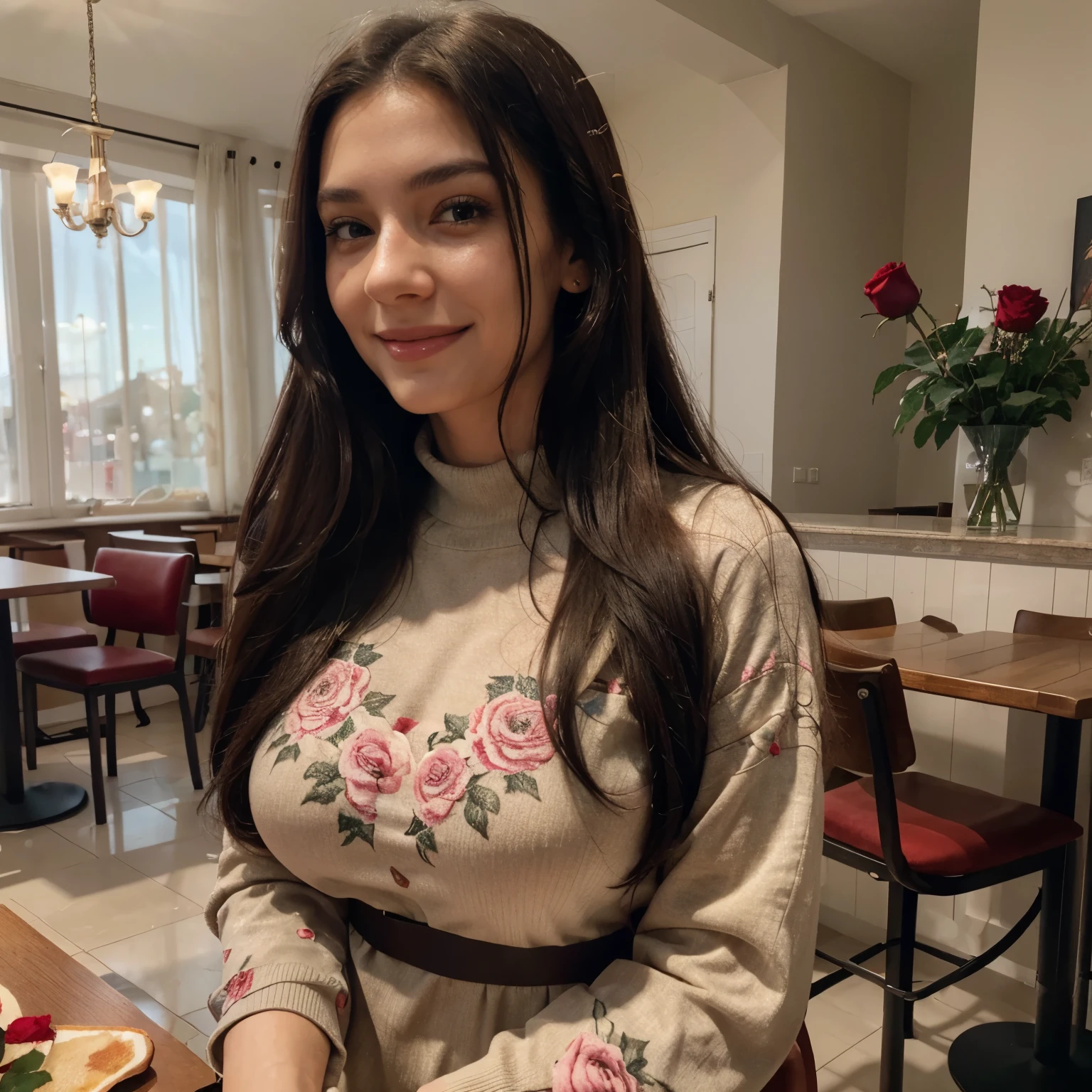 One woman of about 20 years old, black long hair, body measurement 36-25-36, height 5'7", big breasts, Hazel eyes, wearing Long Sleeve Floral Shrug long outfit, jeans, with a red rose in hand, smiling, shy blushed face, valentine day in cafe, Full Body full height Shooting, Masterpiece, mobile Photography, daylight, 8k, Top Quality, Photorealistic, Ultra Detailed, (high skin detail:1.2),Intricate, sharp-focus, candid capture