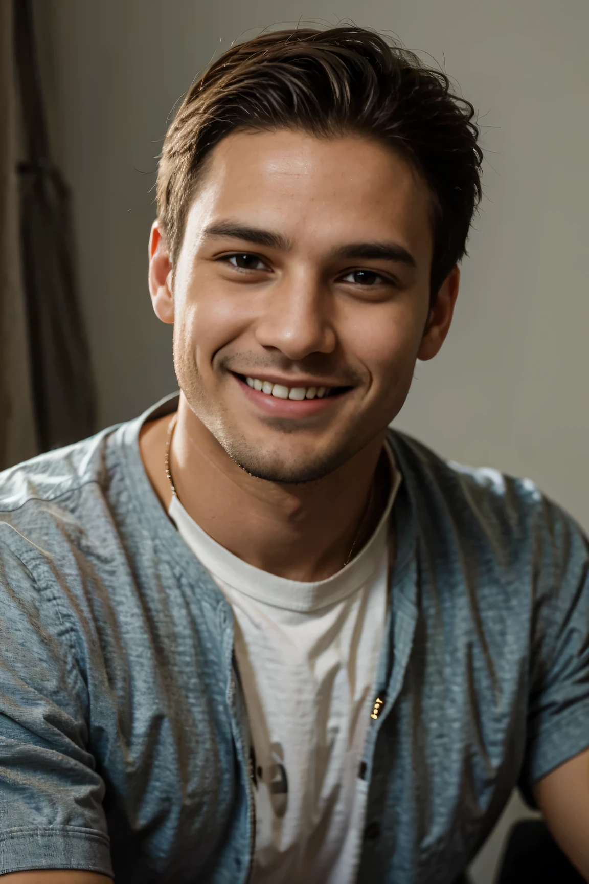 Photo of a man, bust shot, smiling, normal quality:1.5