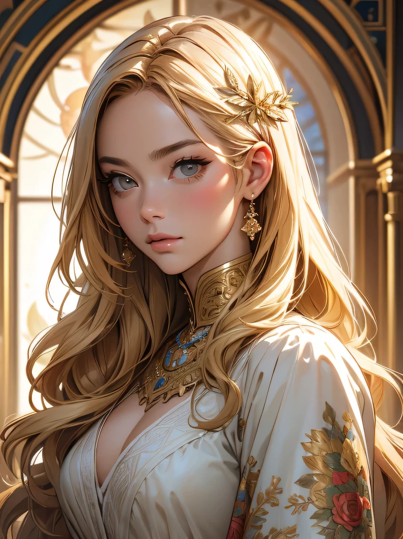 ((masterpiece、highest quality、genuine、Super detailed、High resolution、photogenuineistic、sharp focus、genuineistic photo、Live shooting、cinematic lighting))、Portrait of a European woman face、3/5 shot、long curly hair、blonde、tarot card images、floral frame、decorative panel、Artistic、Influence of Alphonse Mucha、splash of color、line drawing、detailed hand drawing、fibonacci、view audience