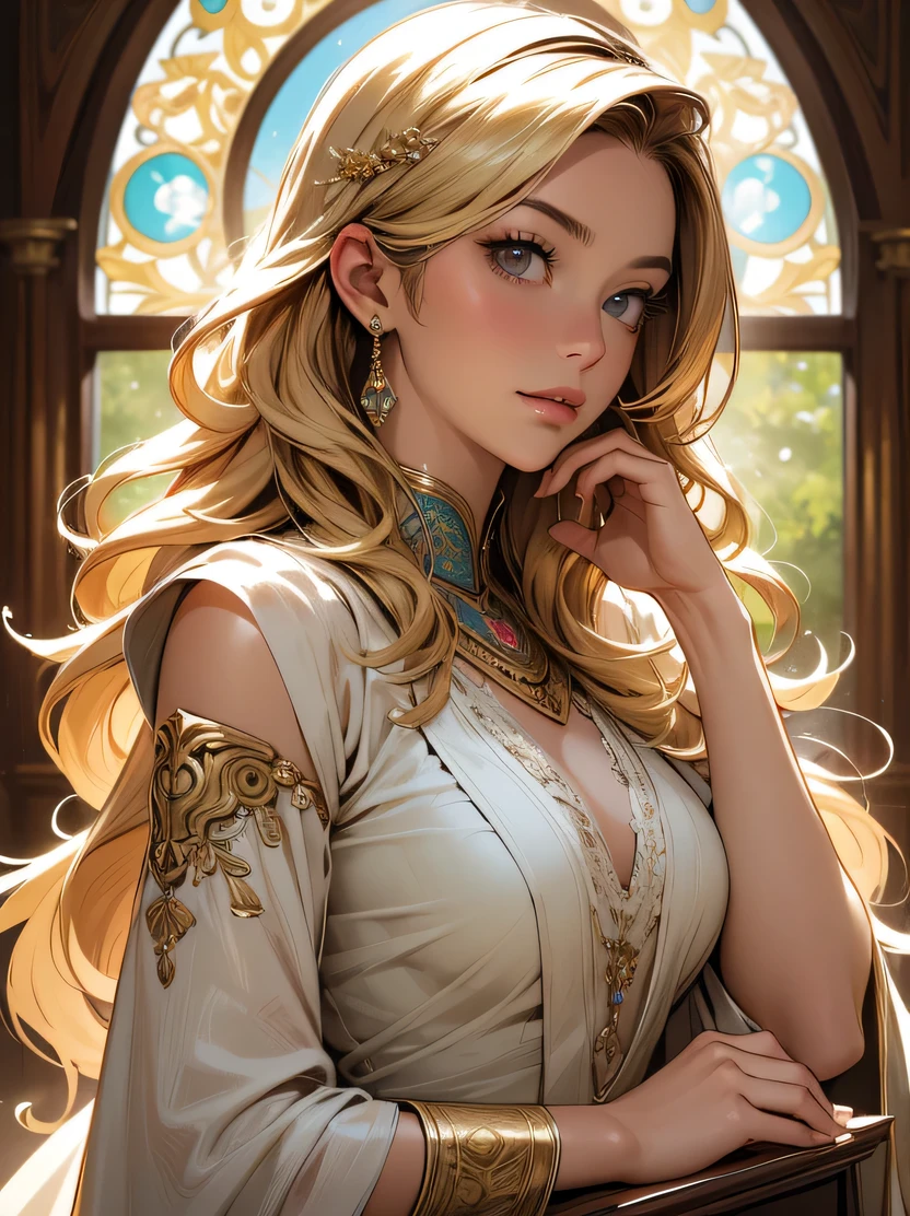 Highly detailed portrait of a goddess girl, In an autumn dress, (((busty))) Watching the sunrise, symmetrical face, symmetrical eyes, looks at the camera, Stunning photography, Photorealistic, soft pastels, very detailed, difficult, path tracing, illustration, insanely detailed, Overlay shadows, volumetric light, mirror lighting