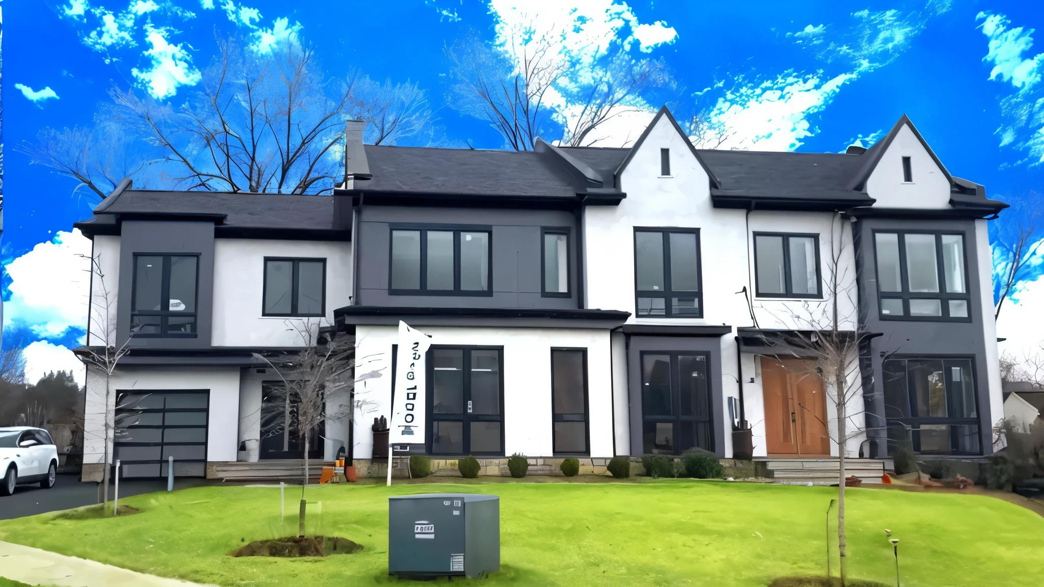 arafed house with a blue sky and white clouds in the background, exterior wide shot, wide angle exterior 2022, 4 0 9 6, neotraditional modern, 1 5 0 4, 1 4 9 3, exterior shot, 1505, wide establishing shot, photo from 2022, 1647, crisp smooth clean lines, same design, realistic image, 16k resolution