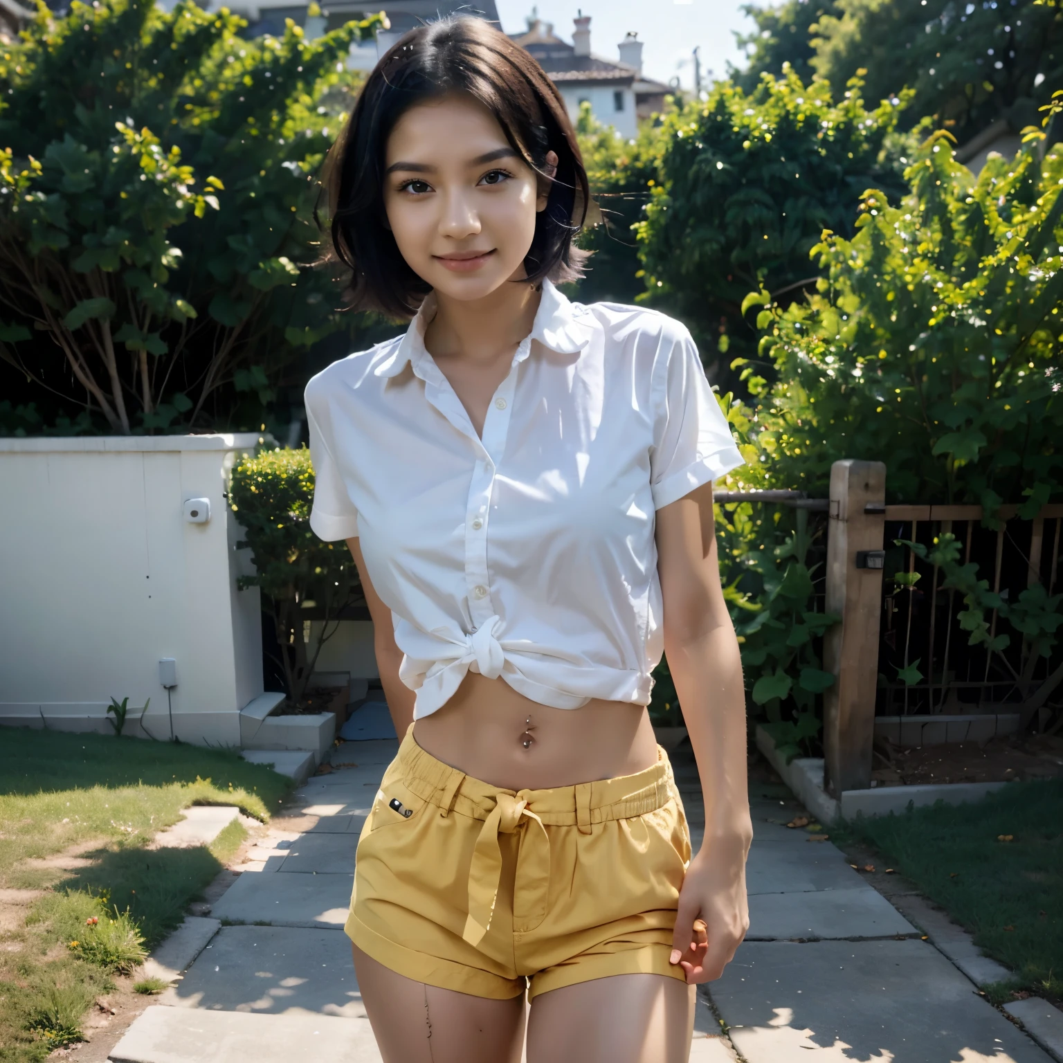 masterpiece, best quality, high resolution, serene 1, 1 girl, serene 1, 1 girl, serene (Pokemon), alone, gray eyes, black hair, green shorts, red headdress, shirt, tied shirt,, short hair, short sleeves, shorts, stripe, yellow shirt, belt, middle class shooting, Grass, site, Smile, permanent,nude