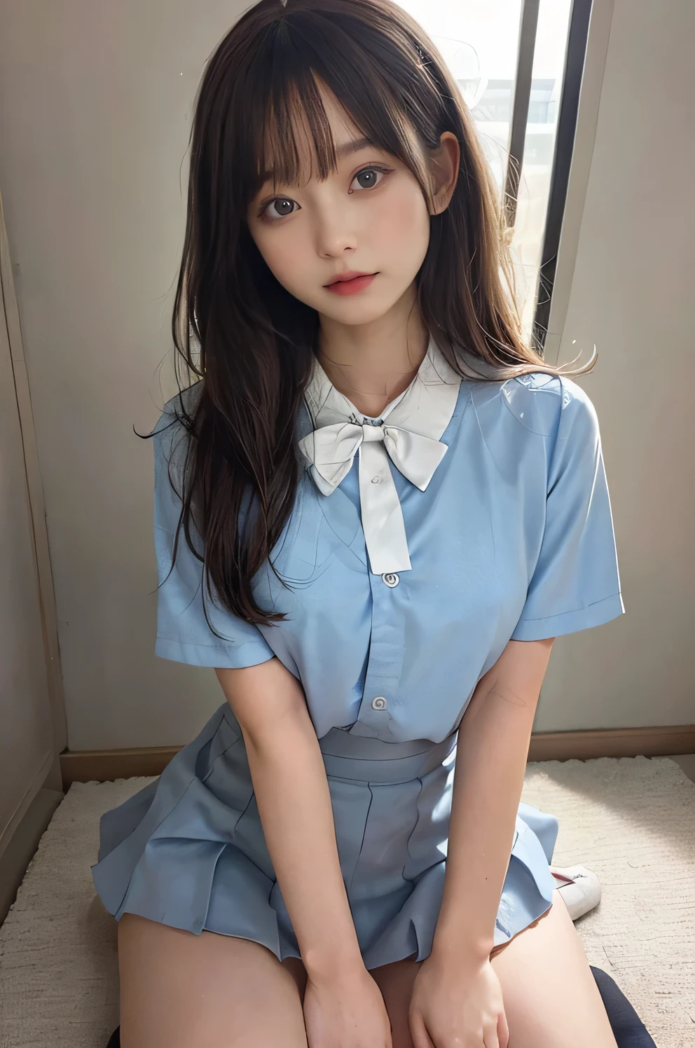 wearing short skirt、Alafid asian woman wearing bow tie sitting on train, cute schoolgirl, japanese schoolgirl, wearing japanese school uniform, japanese school uniform, a hyperactual schoolgirl, Dress up as a schoolgirl, hyperactual schoolgirl, Wearing school uniform, actual , girl wearing, Wearing school uniform, A pose, whole body, good skin, glowing skin, beautiful thighs,glowing thighs, Glowing legs, (())