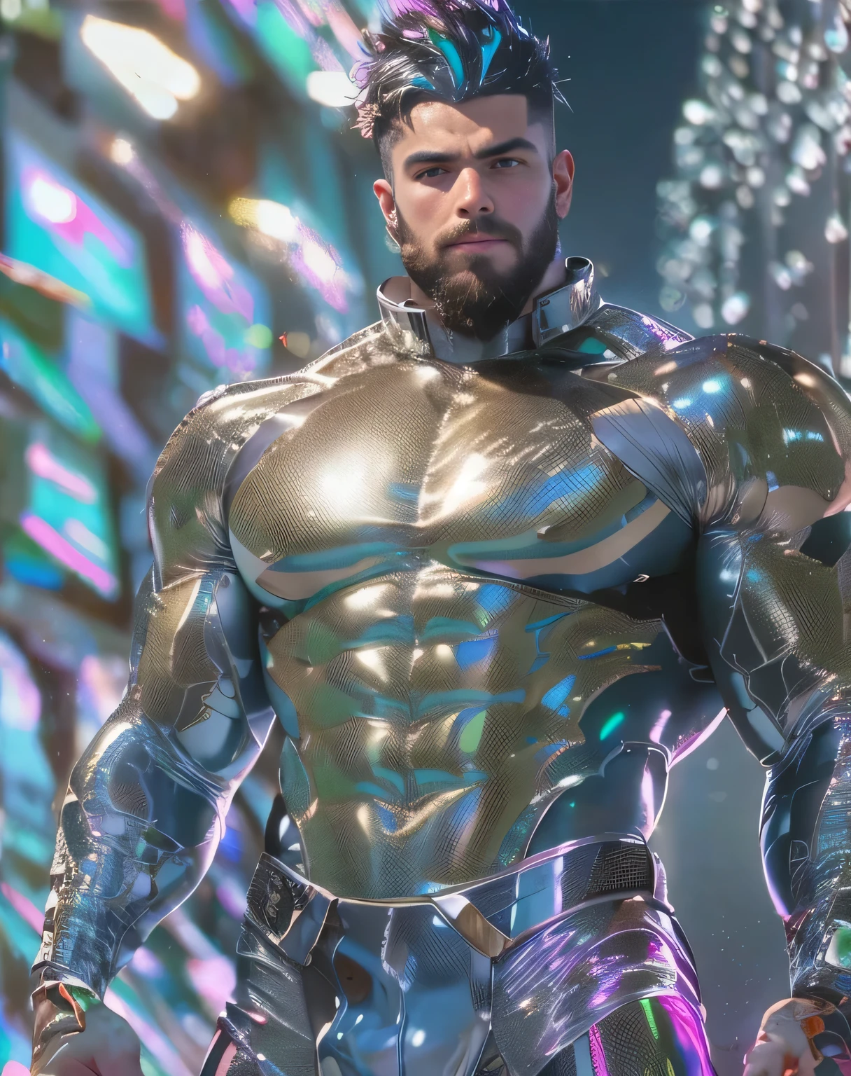 (mid_shot:1.3),(1 male:1.2),(muscle man:1.1),(frontal illumination:1.2),with a silver body and glitters with lights above,extreme iridescent reflection,in the style of vray tracing,vibrantmanga,shiny/ glossy,rococo pastel,fluid form,tinycore,fluid impressions,vray,machine aesthetics,yanjun cheng,silver,shiny eyes,fluidform.,the young warrior,male characteristics, detailed bulge, vpl, beard, bulge, nice bulge