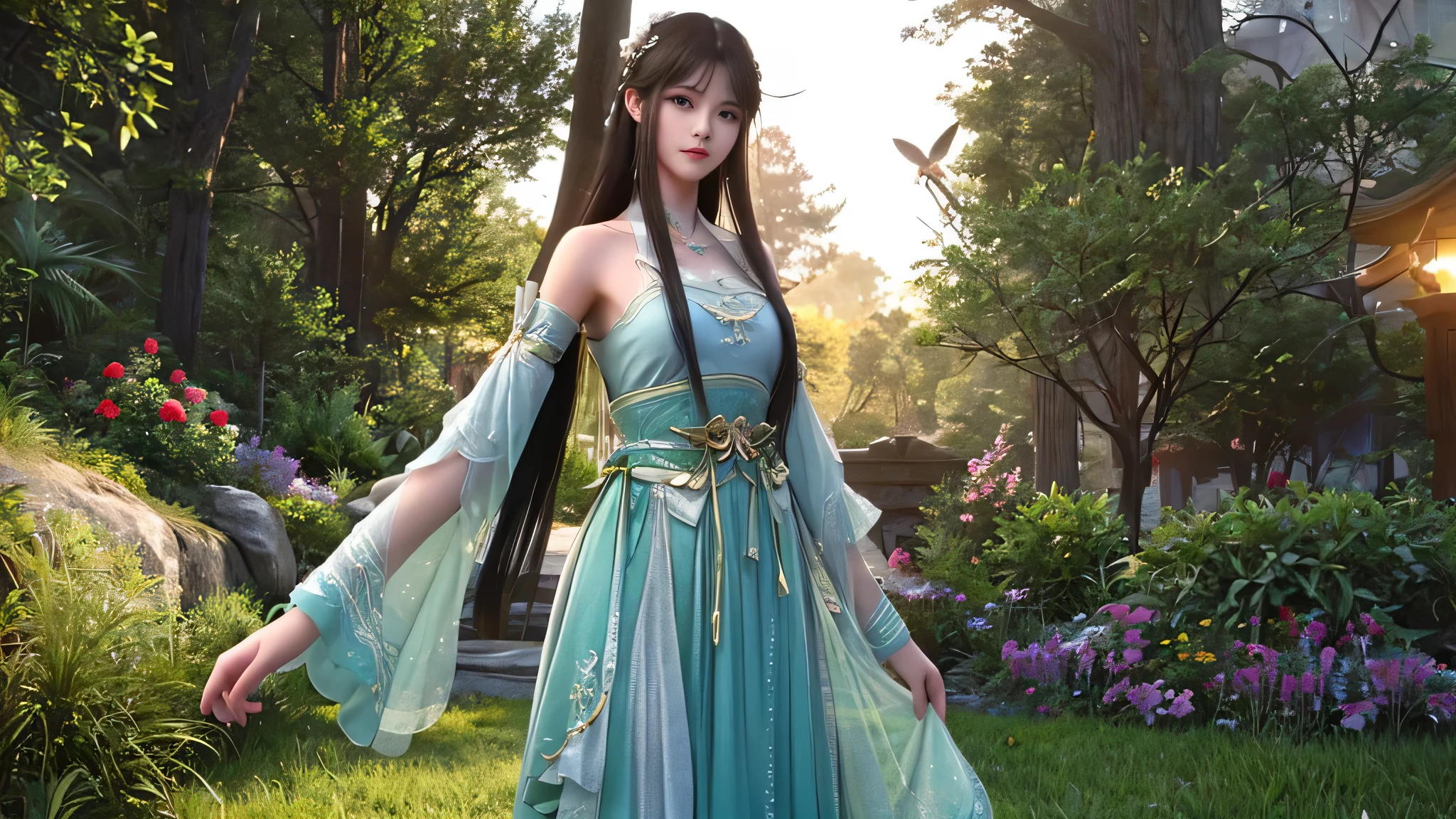 Under the bright spring sun，A goddess in ancient costume dressed in gorgeous Han costumes，Standing quietly in the sea of flowers of mountains and rivers。Her face is beautiful，Like orchids in the valley，Immortal overflow。Wearing a lilac silk dress，With a gentle swing，It gives a dreamlike feeling。

Her hair was coiled，Decorated with gold and emerald hairpins，Elegant and dignified。The tassels on the forehead sparkle in the sun，It further highlights her noble temperament。Her eyes are like clear lake water，It's a year to be。

The surrounding sea of flowers is like a huge picture scroll，Luxuriant peonies、Delicate lilies、Fragrant jasmine flowers intertwine，Colorful ocean formation。Floral fragrance pervades，Intoxicating。The goddess stood quietly in the sea of flowers，As if integrated with these flowers，It's like a perfect landscape painting。

The sun shone on her face through the gaps in the leaves，It was like giving her a soft glow。A fresh breeze blew through，Her long dress fluttered in the wind，Like fairies under mortals。Butterflies dance among the flowers，It seems to be providing her with a beautiful dance。

The whole scene is breathtakingly beautiful，It's like a wonderland on earth。The goddess of Hanfu stands in the sea of mountains and rivers and flowers，It gives the feeling of traveling through time and space，Let people immerse themselves in this beautiful picture。