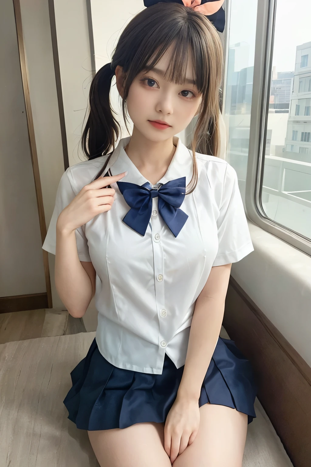 wearing short skirt、Alafid asian woman wearing bow tie sitting on train, cute schoolgirl, japanese schoolgirl, wearing japanese school uniform, japanese school uniform, a hyperactual schoolgirl, Dress up as a schoolgirl, hyperactual schoolgirl, Wearing school uniform, actual , girl wearing, Wearing school uniform, one poses, whole body, good skin, glowing skin, beautiful thighs,glowing thighs, Glowing legs, (())