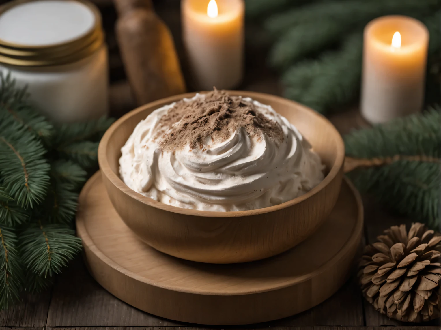 Product photo of craft whipped soap soufflé, the porous structure of the soap is visible, the structure of the soap is similar to fine whipped foam, color beige and light brown, stylishly decorated, wooden palette, themed props made of wood and forest, Canon EOS 5D Mark IV Canon EF 100mm f/2.8L Macro IS USM, a high resolution, Depth Sharpness, ISO 120, Ambient light