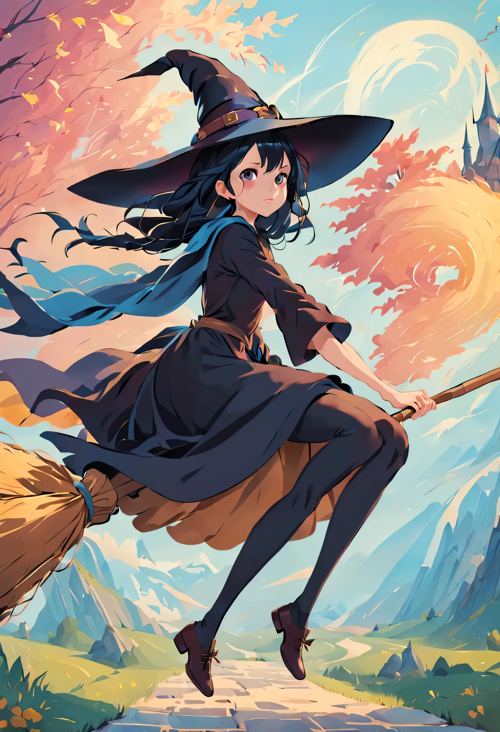 (masterpiece, highest quality:1.2),1 girl,perfect face,cute, ((((flying witch))),((Ride a broom)),broom flight,Straddling the broom,anatomically correct,masterpiece,highest quality,最高masterpiece,8K,,Wind,fantasy,,wonderful,, Mysterious, attractive, Whimsical, playful, adventurous, free, wonder, imagine, decide, skill, speed, movement, energy, realism, naturalistic, figurative, represent, beauty, fantasy culture, myth, fairy tale, folklore, Legend, witch, wizard, Magical creatures, fantasy worlds, composition, scale, Qianyoshi, midway point, background, perspective, light, color, texture, be familiar with, beauty, wonder.