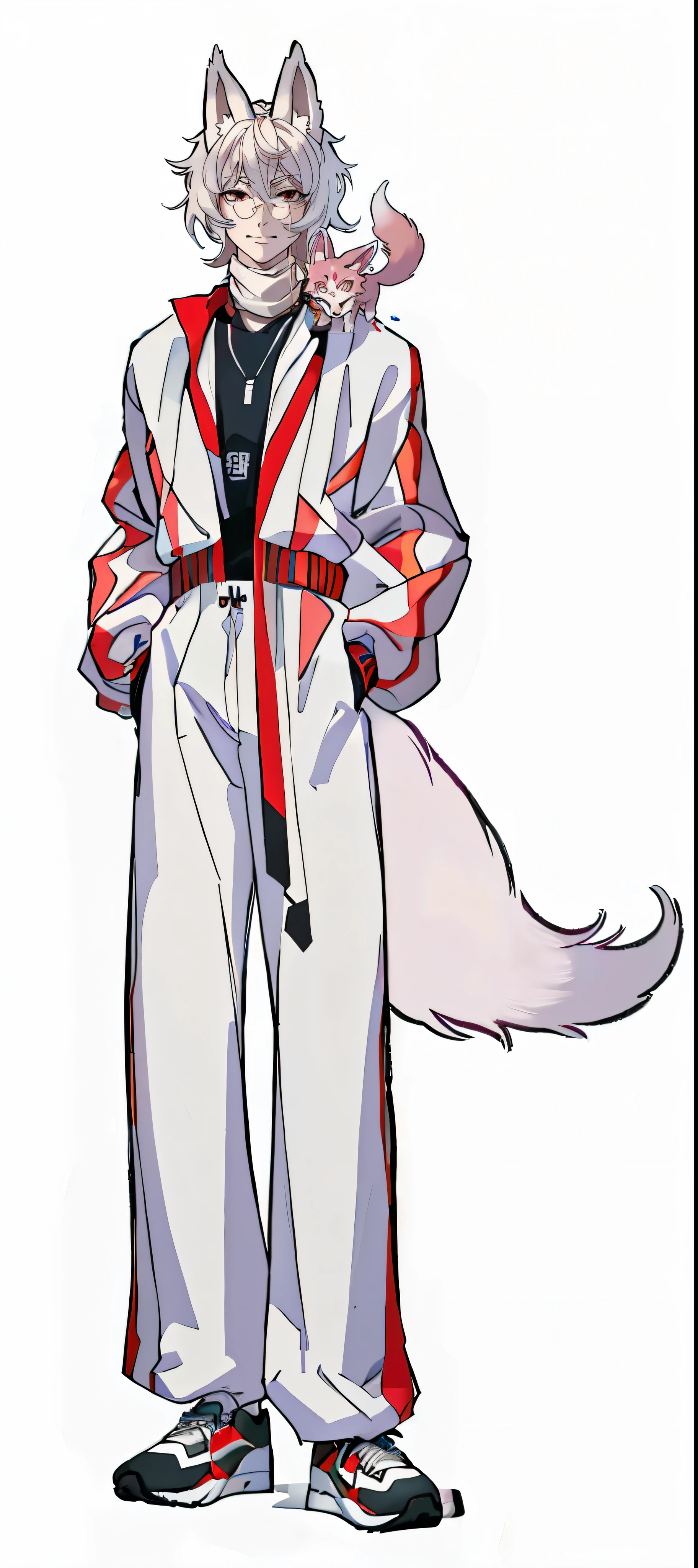 (best quality,4K,8k,high resolution,masterpiece:1.2),Super detailed,actual(1.37),portrait,close up,fashionable的,sportswear,sports shoes,sportswear, fashionable,Focus on one person,red jacket,Chinese fashion,Long-haired man,figure,official artwork, white fox anime,Werewolf Anthropomorphism.