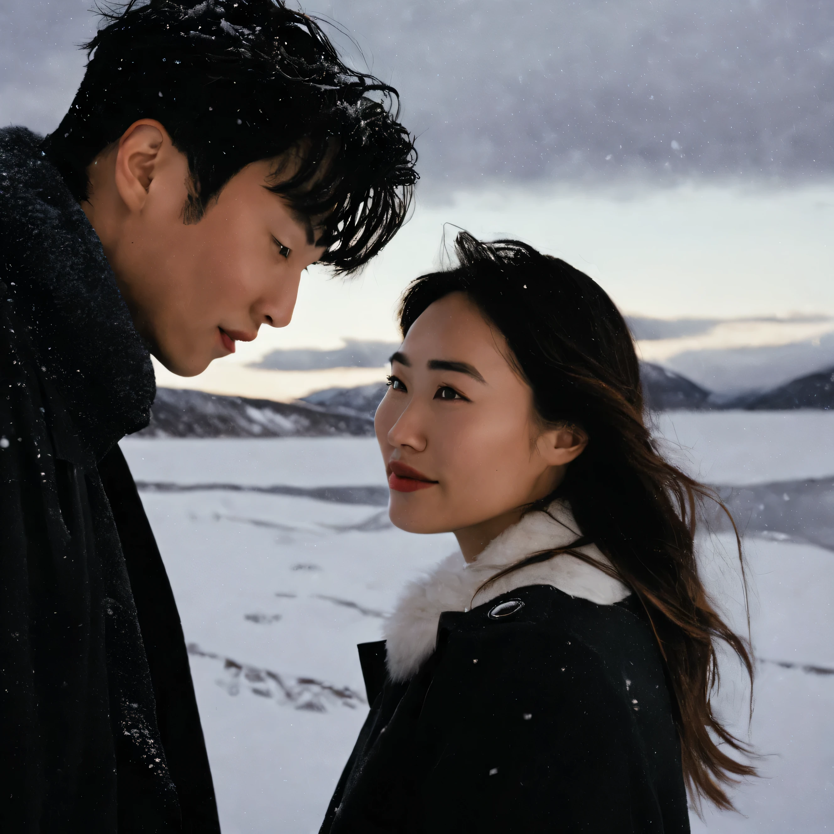 A man and a woman standing in the snow,Asian,film photography,Arctic,(A shallow smile:1.1),facial close-up,Black trench coat,Film stills promotion,live-action adaptation,teen magazine cover,Album photos,newspaper picture,heavy snow,Arctic光倒映在水中,Pexels Contest Winners,stunning mountains,desktop screenshot,looking at camera,